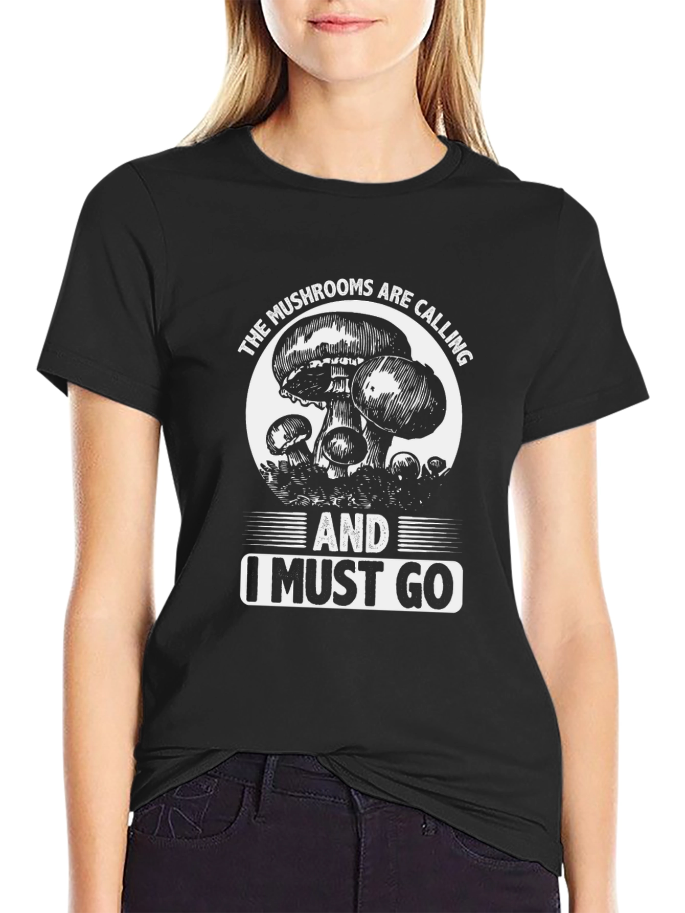 Mushroom Calling Black Graphic T-Shirt