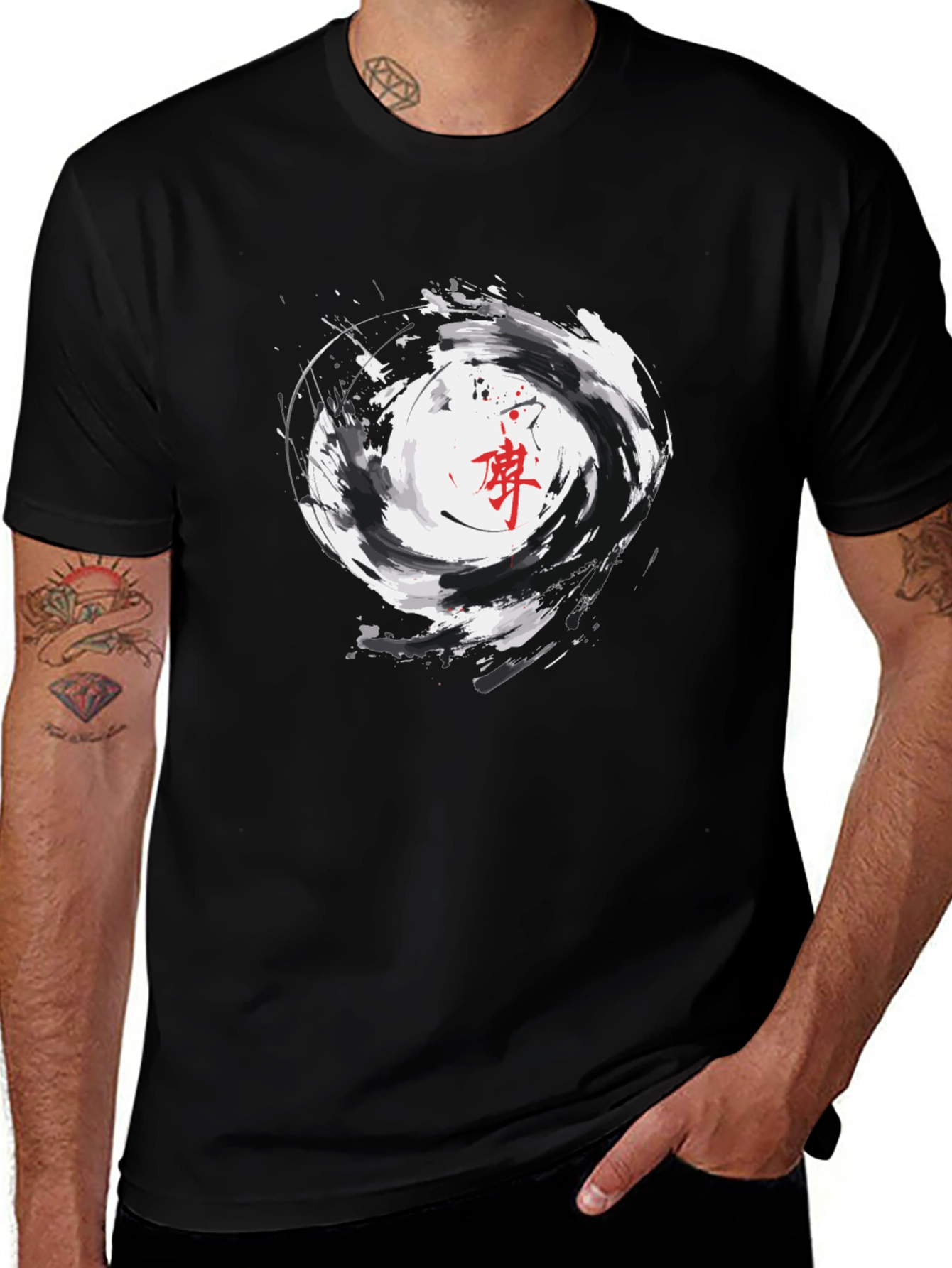 Black Graphic Tee with Asian Inspired Swirl Design