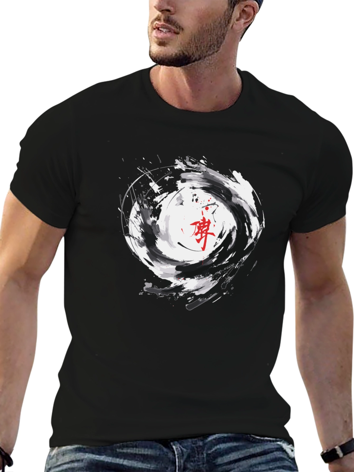 Black Graphic Tee with Asian Inspired Swirl Design