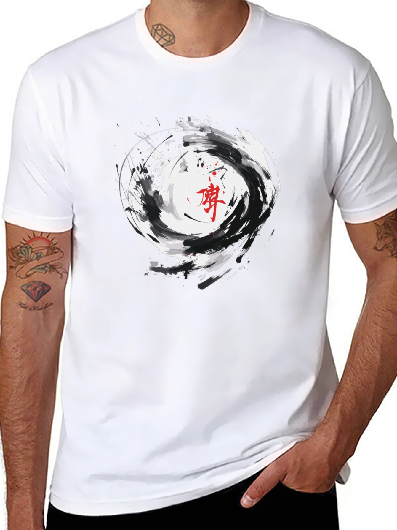 Black Graphic Tee with Asian Inspired Swirl Design
