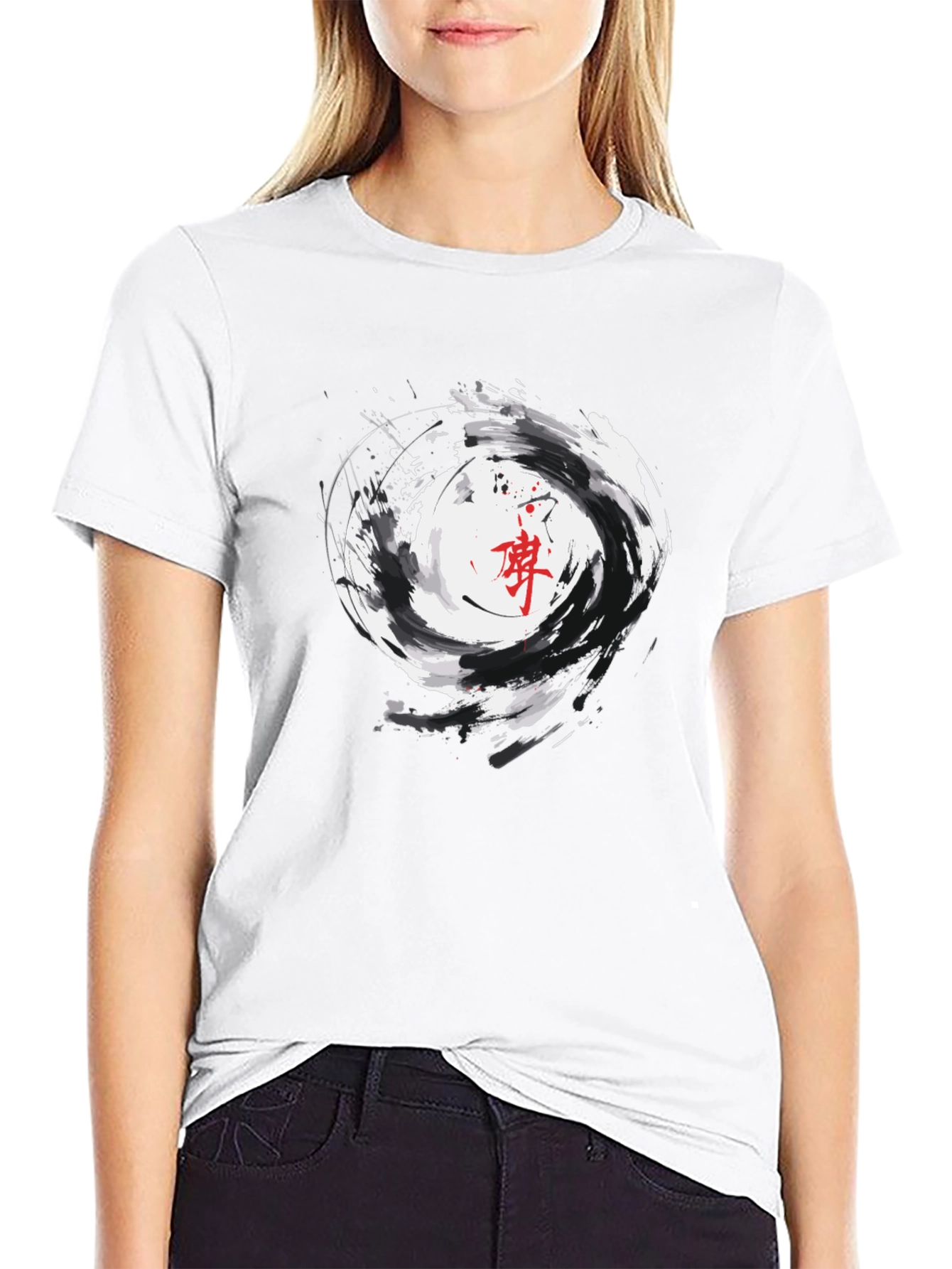 Black Graphic Tee with Asian Inspired Swirl Design