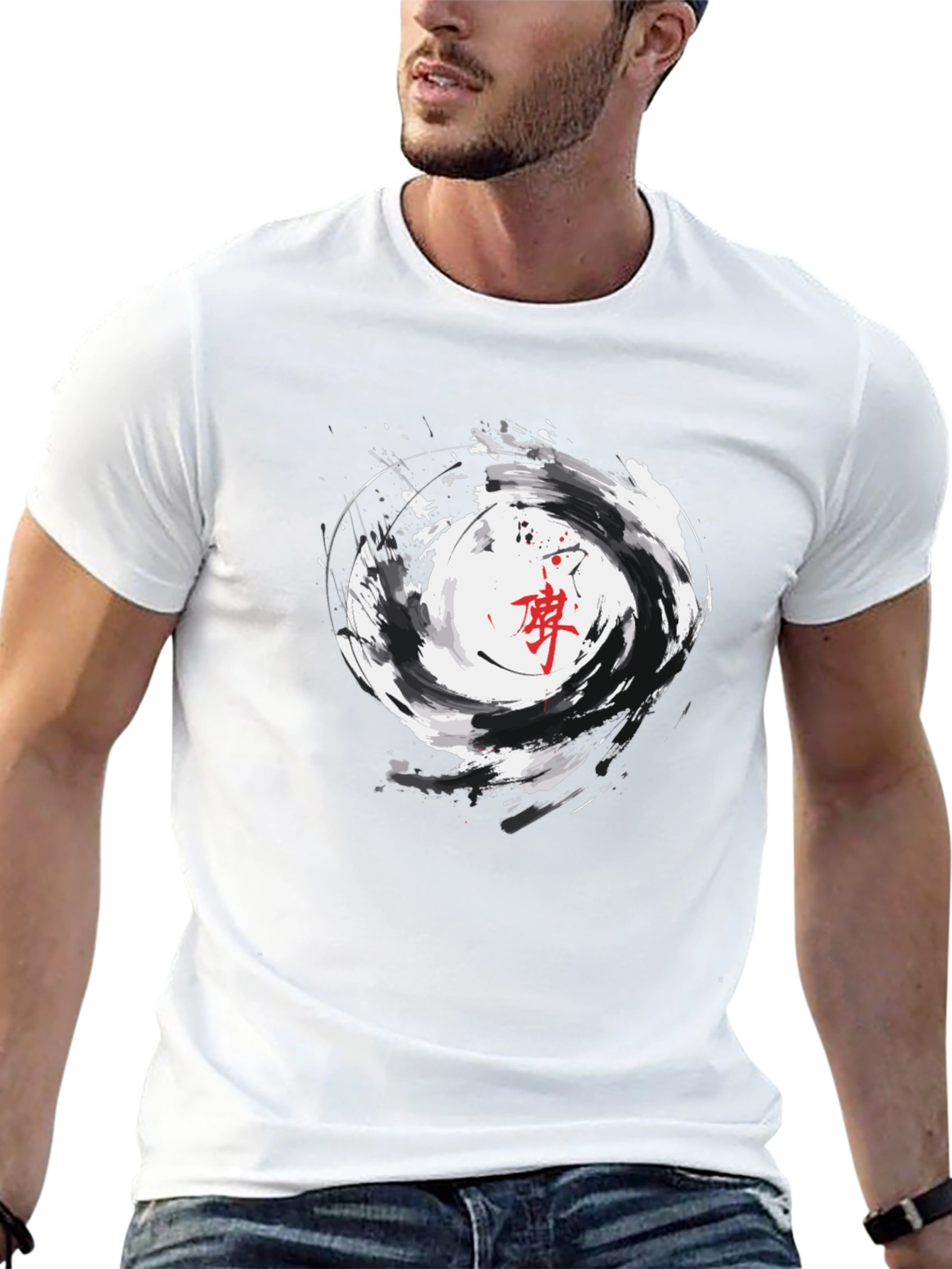 Black Graphic Tee with Asian Inspired Swirl Design