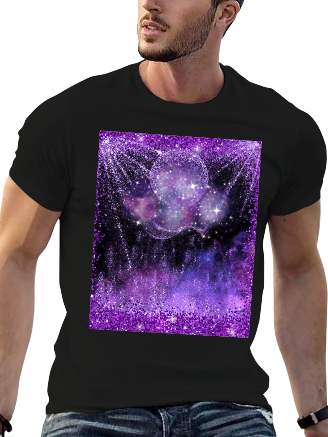 Galaxy Glitter Print Black T-Shirt