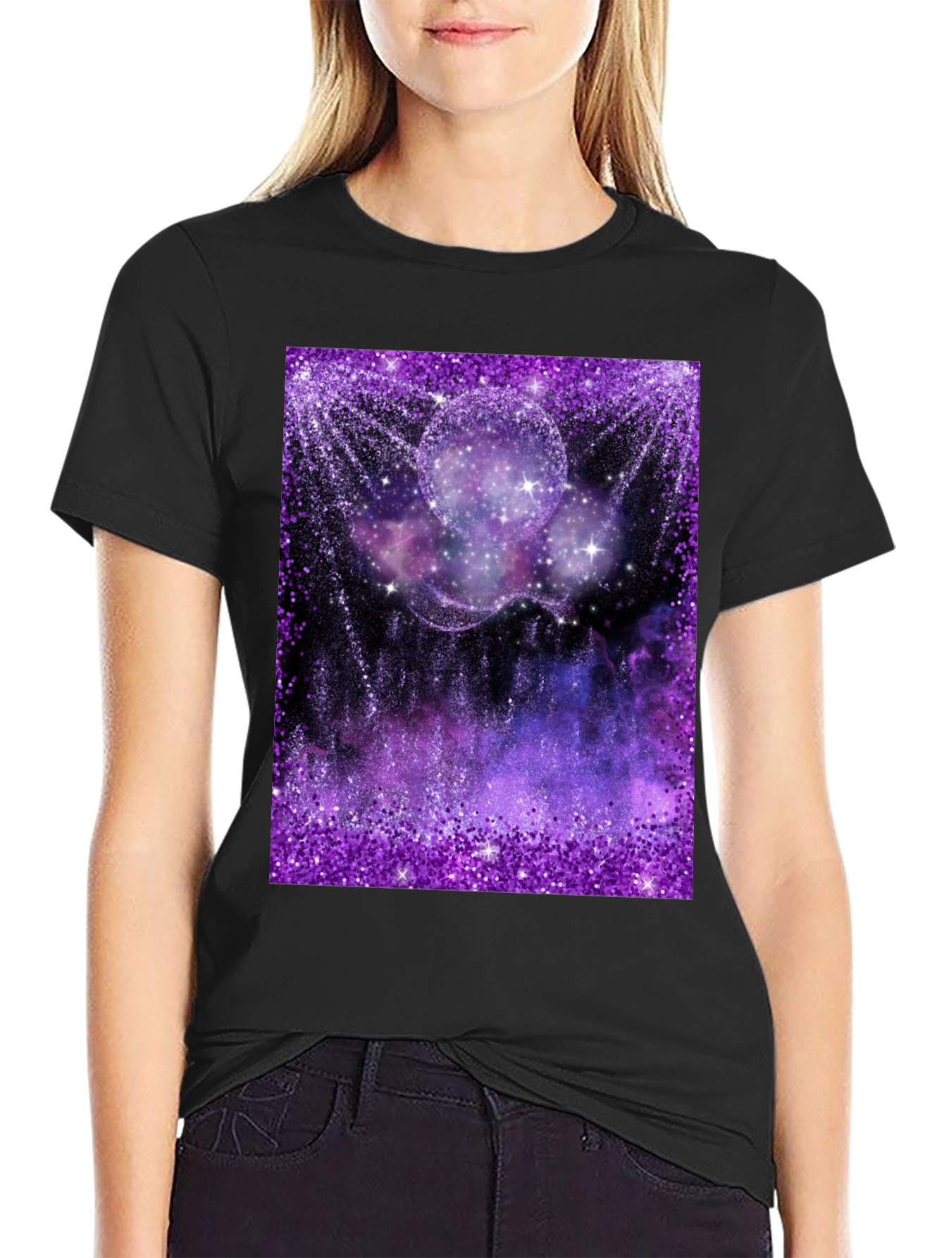 Galaxy Glitter Print Black T-Shirt