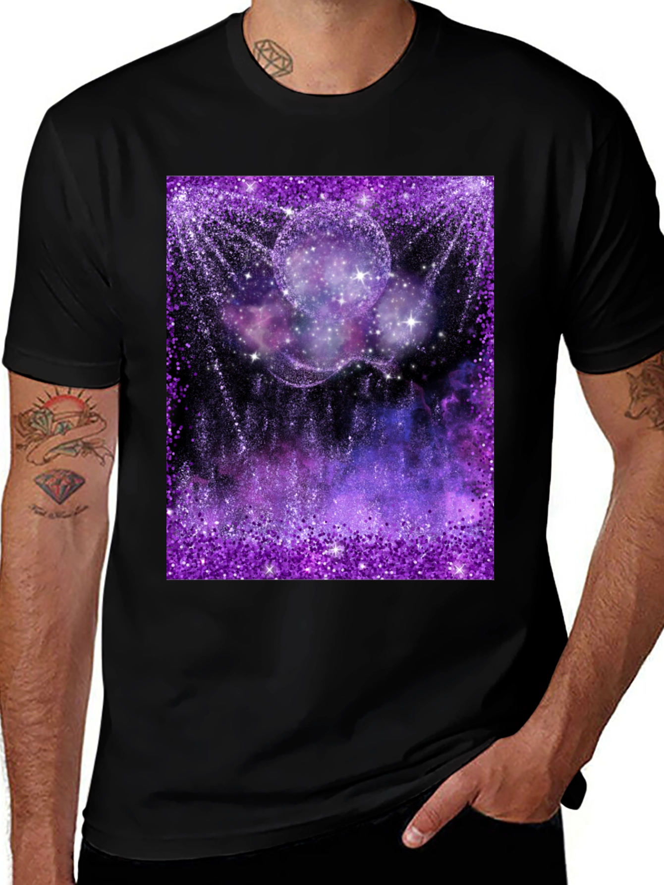 Galaxy Glitter Print Black T-Shirt