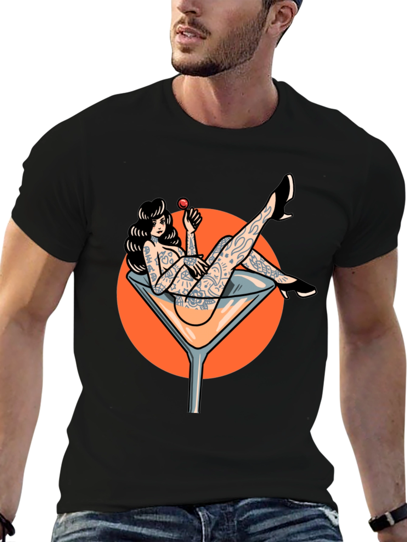 Tattooed Pin-Up Martini Glass Graphic T-Shirt