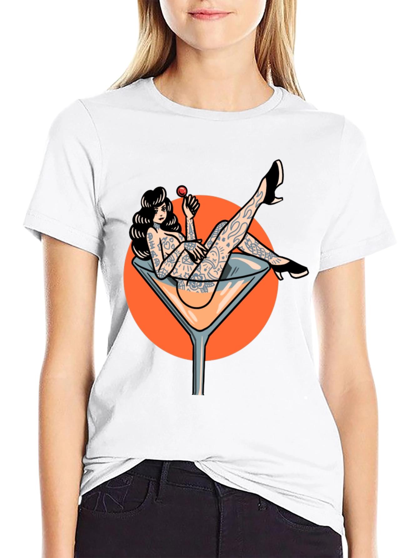 Tattooed Pin-Up Martini Glass Graphic T-Shirt