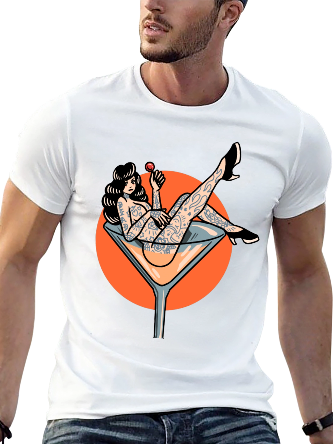 Tattooed Pin-Up Martini Glass Graphic T-Shirt