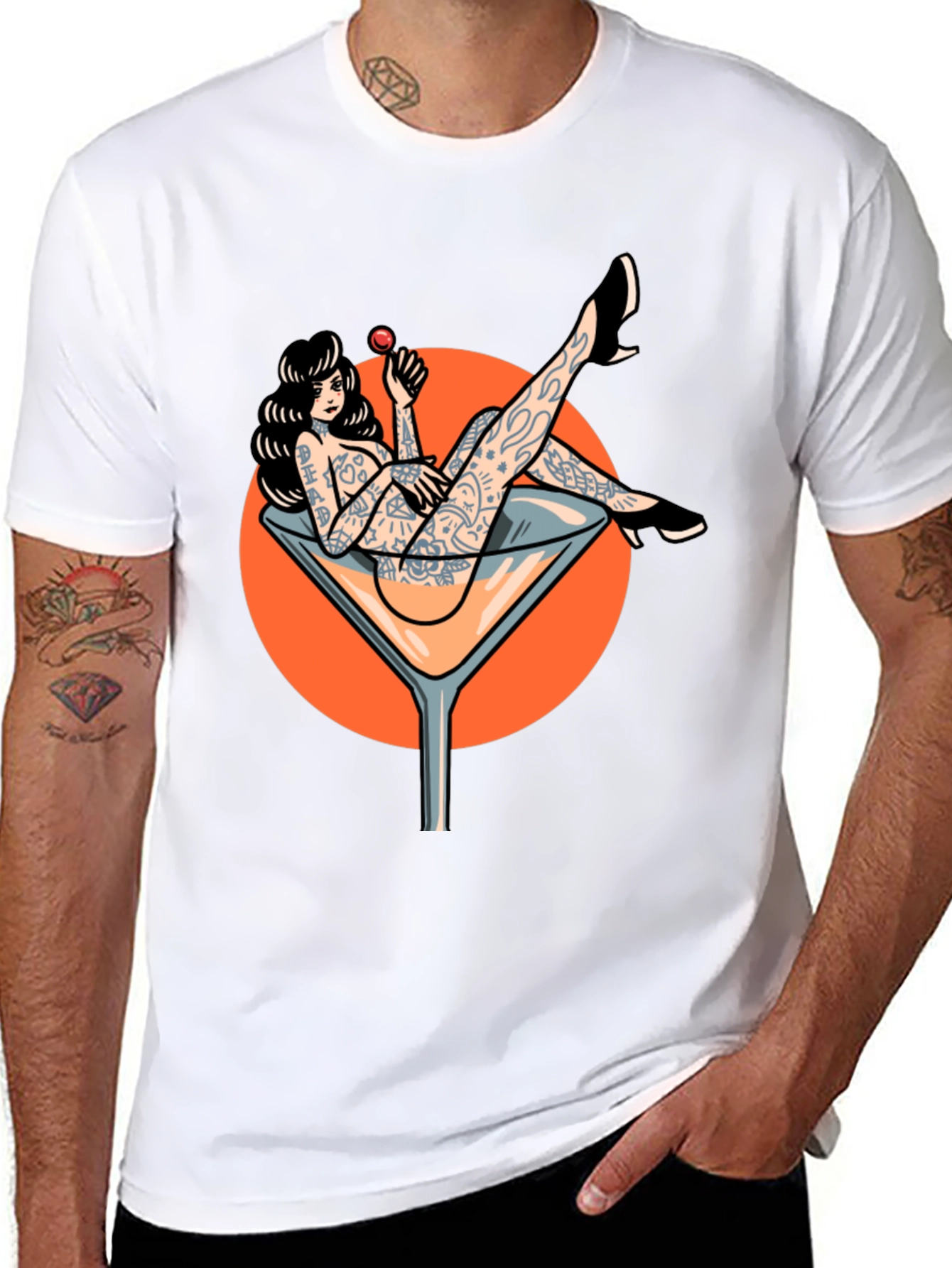 Tattooed Pin-Up Martini Glass Graphic T-Shirt