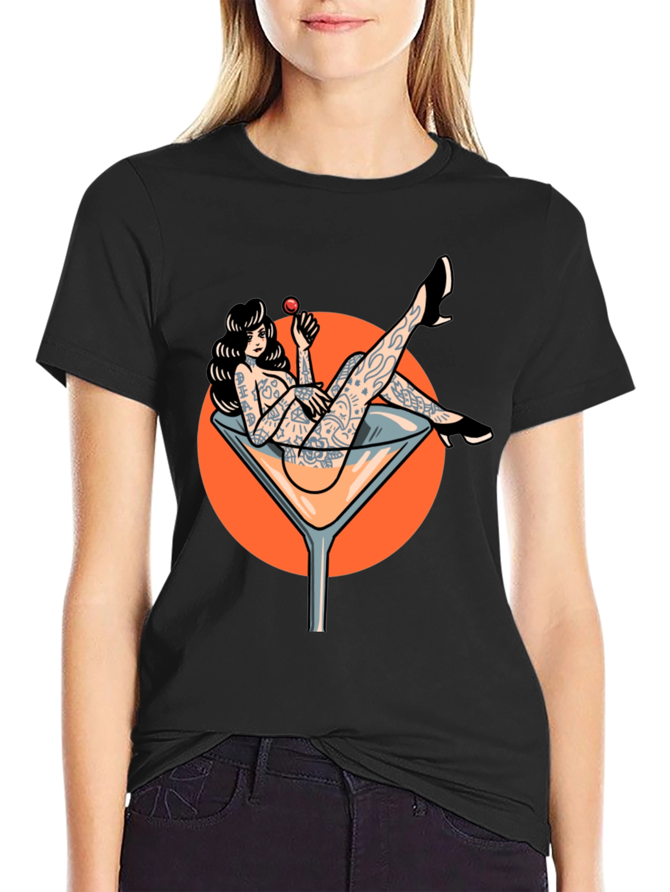 Tattooed Pin-Up Martini Glass Graphic T-Shirt