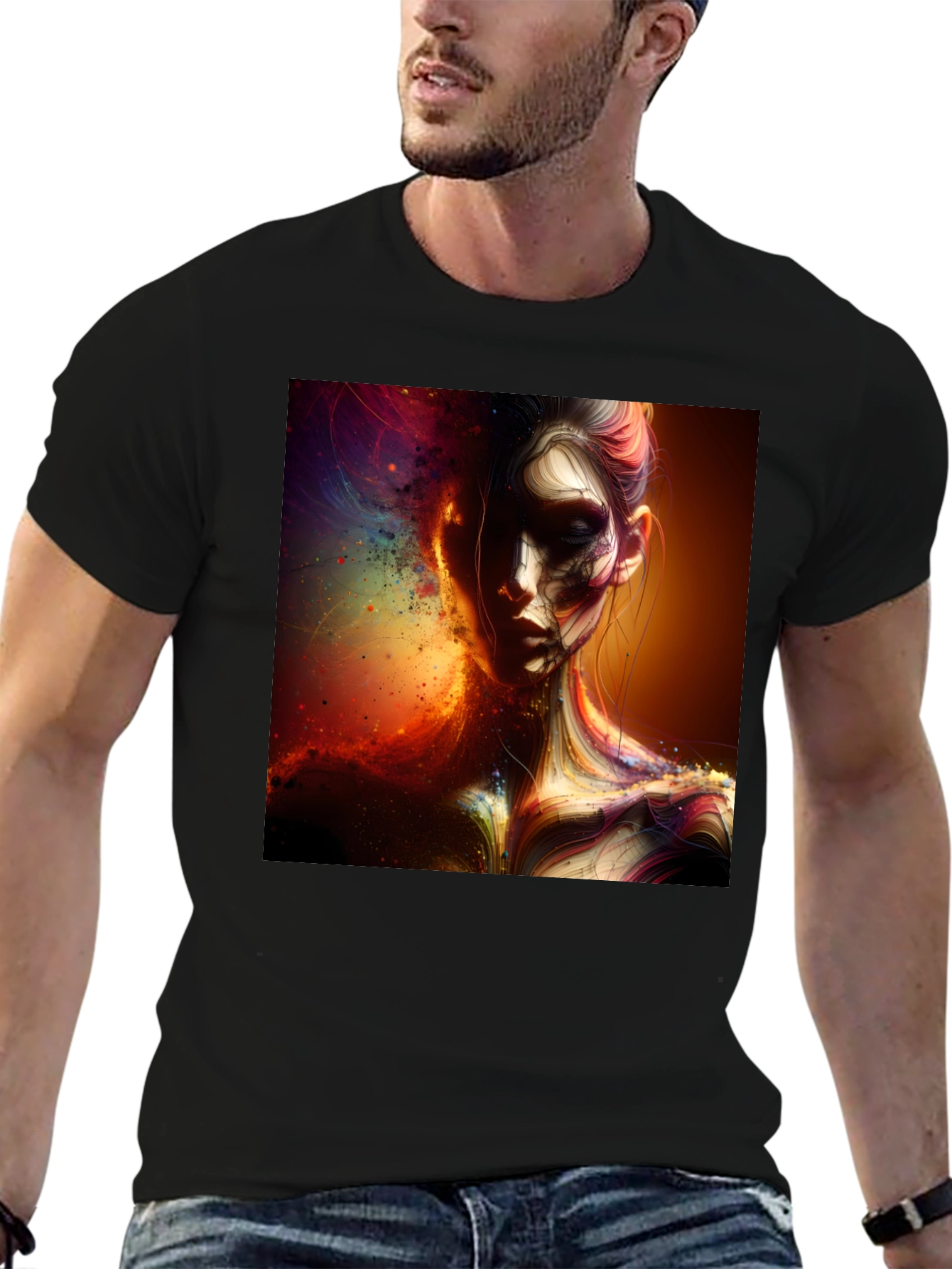 Artistic Portrait Print Black T-Shirt