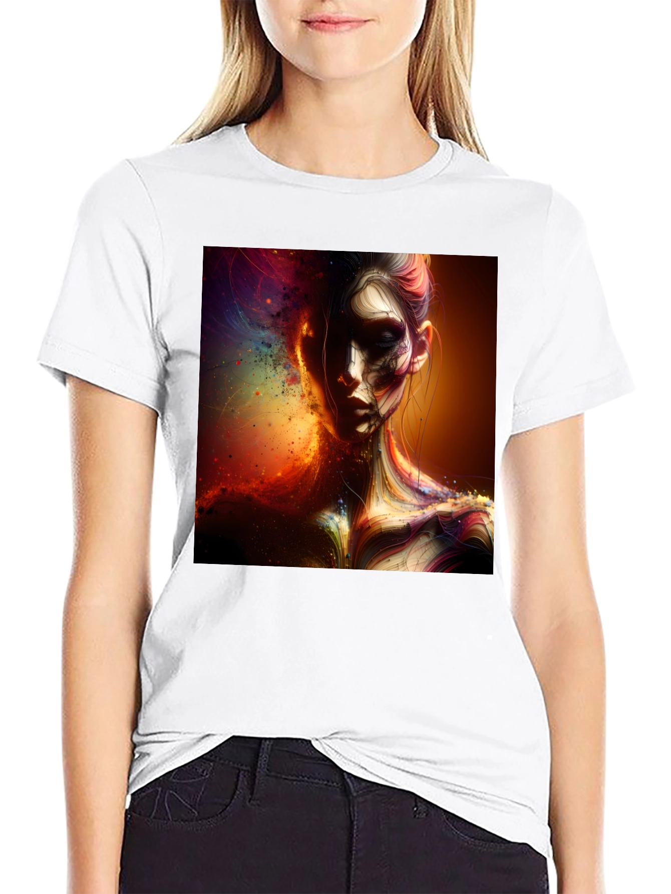 Artistic Portrait Print Black T-Shirt