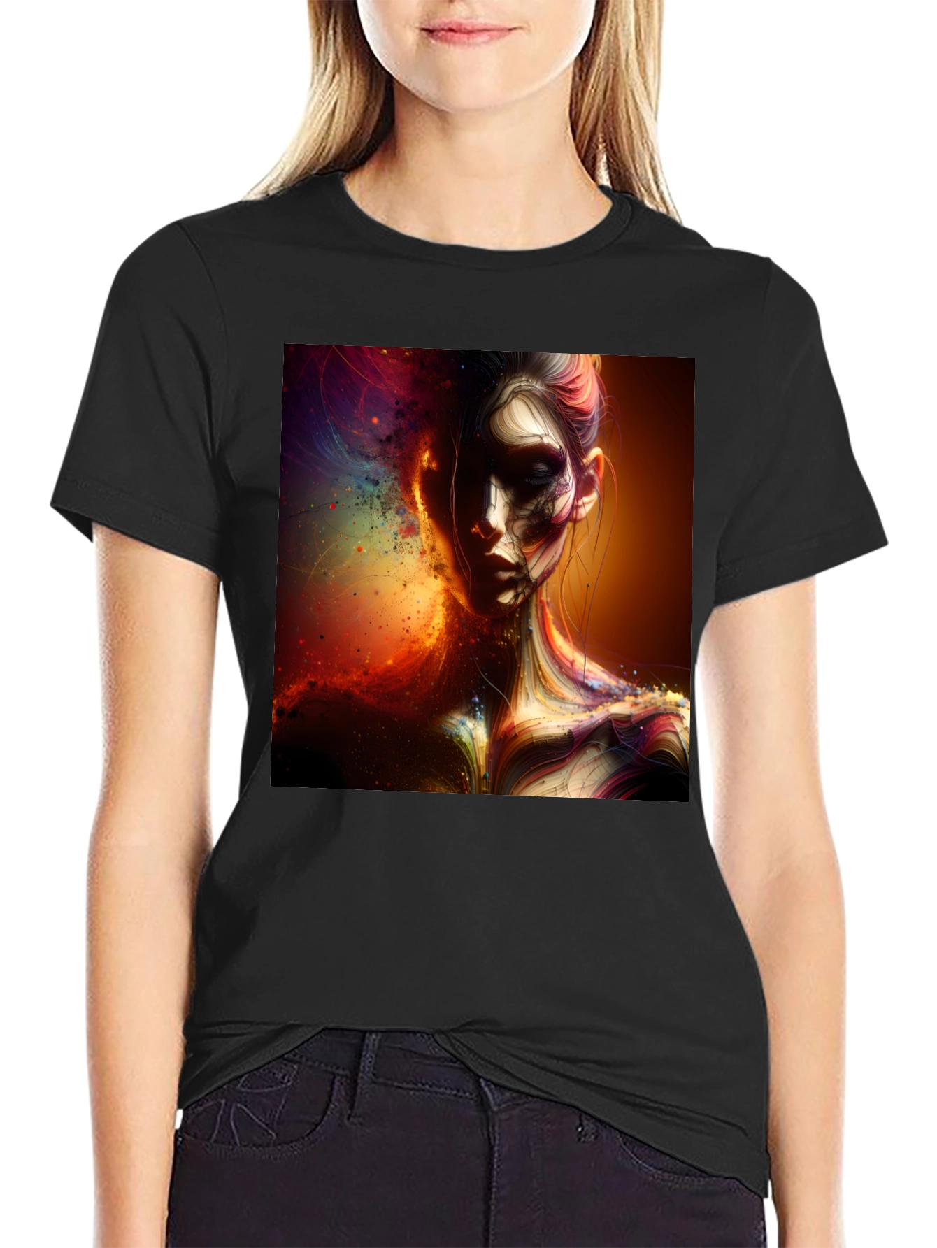 Artistic Portrait Print Black T-Shirt