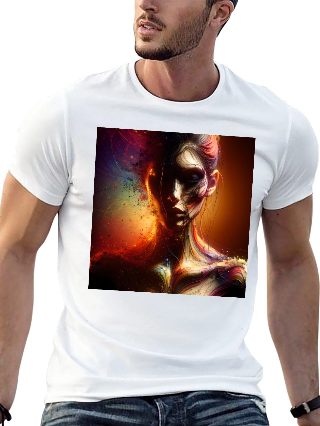 Artistic Portrait Print Black T-Shirt