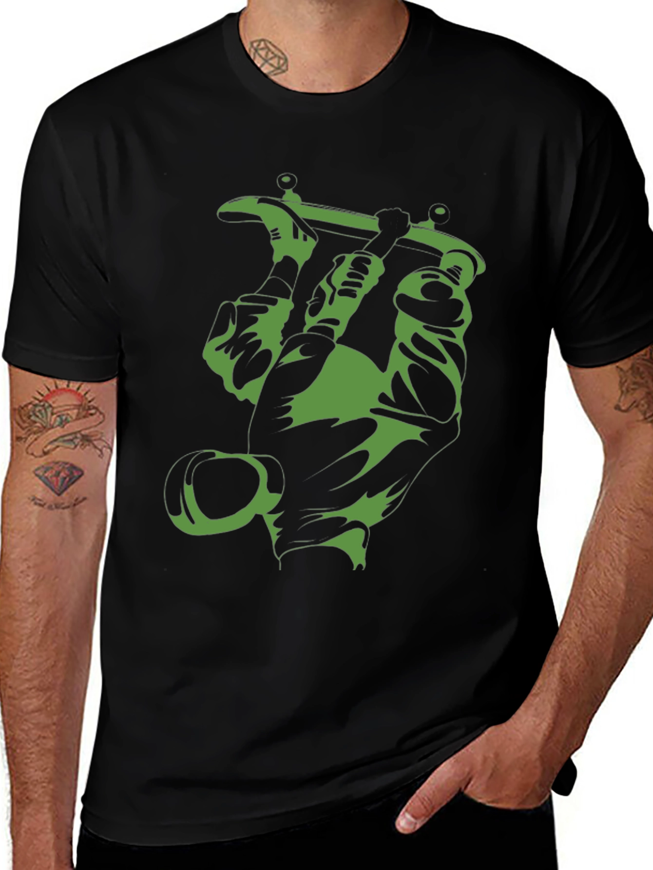 Green Skateboard Graphic Black Tee