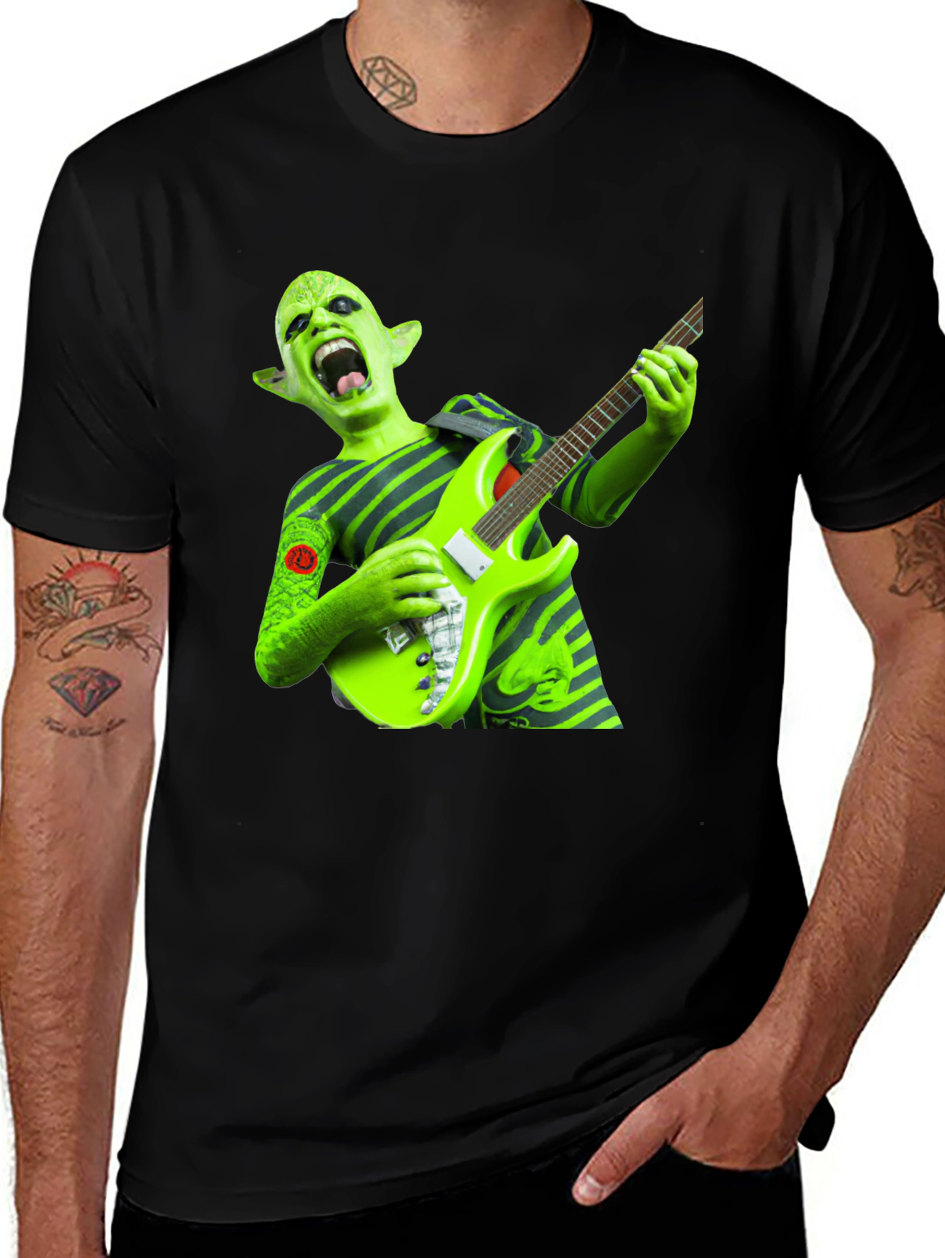 Green Alien Guitarist Graphic Tee