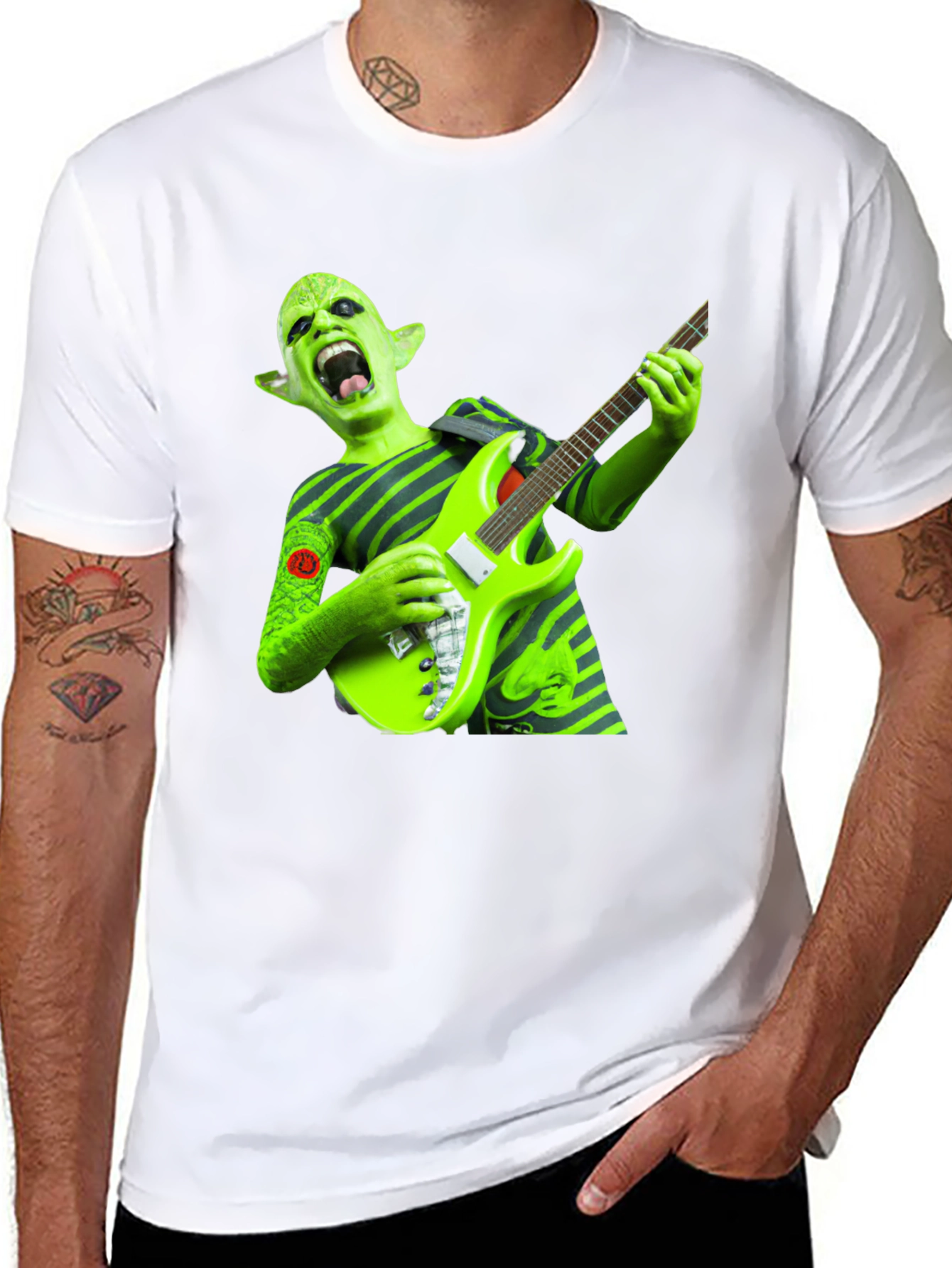 Green Alien Guitarist Graphic Tee