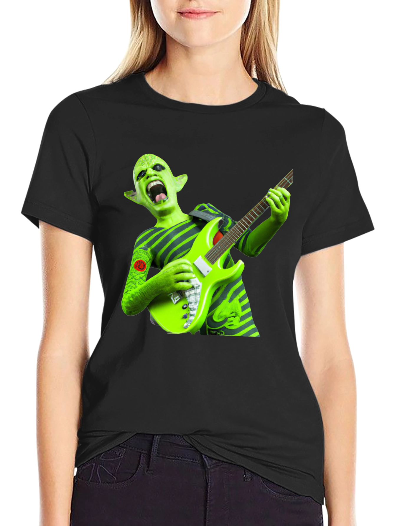 Green Alien Guitarist Graphic Tee