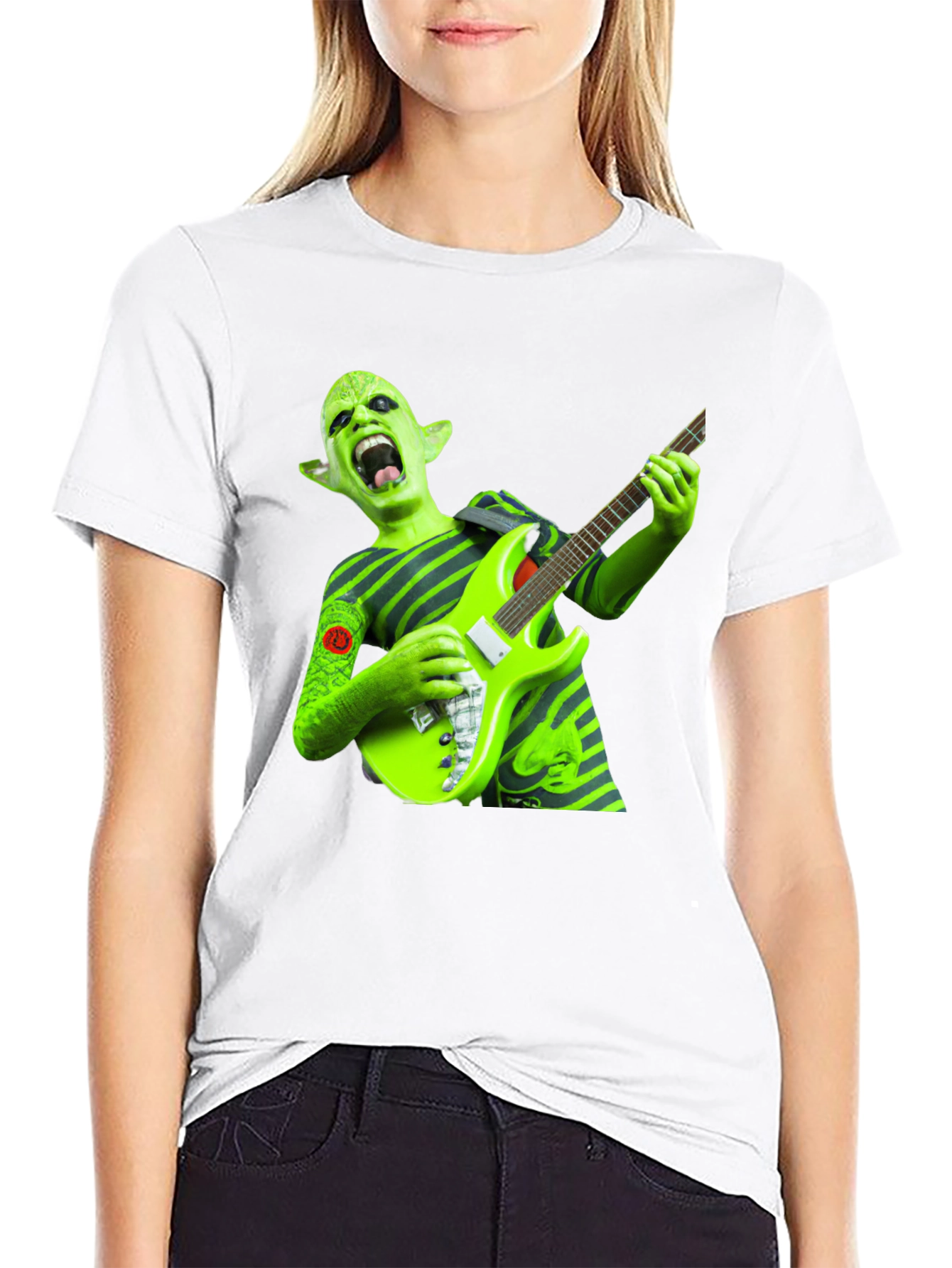 Green Alien Guitarist Graphic Tee