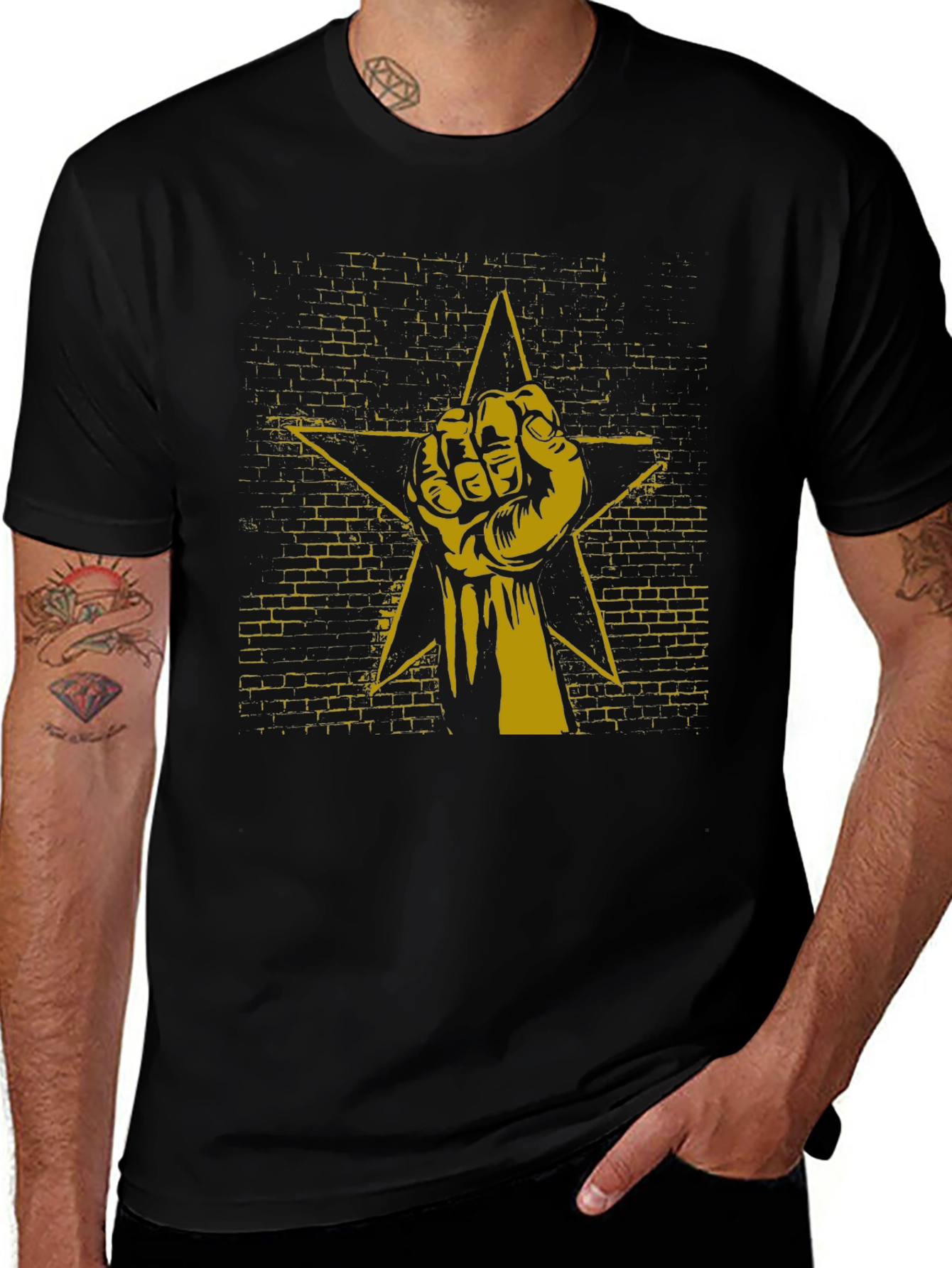Black Tee with Fist Star Graphic Print