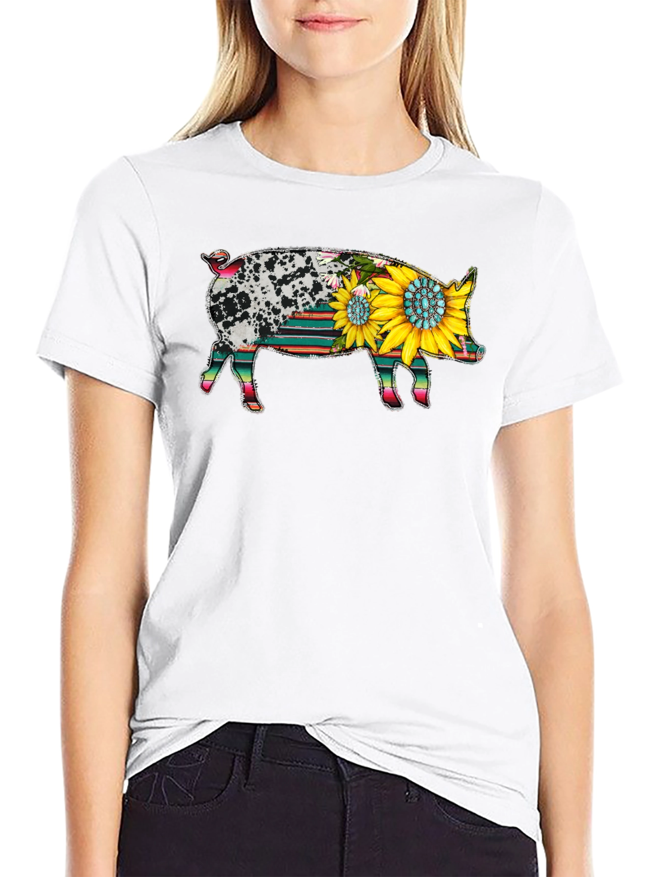 Sunflower Pig Graphic Tee - Western Style