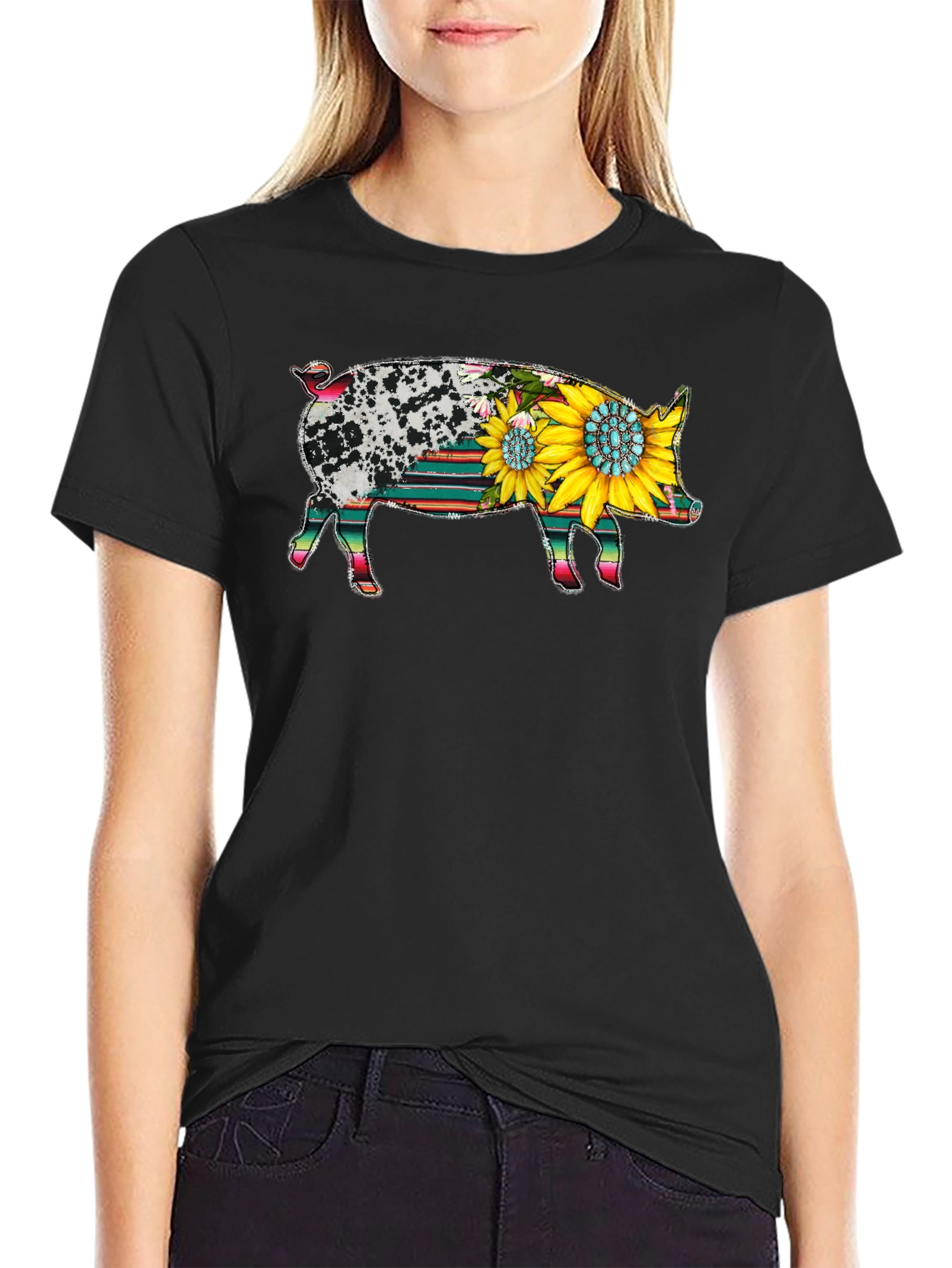 Sunflower Pig Graphic Tee - Western Style