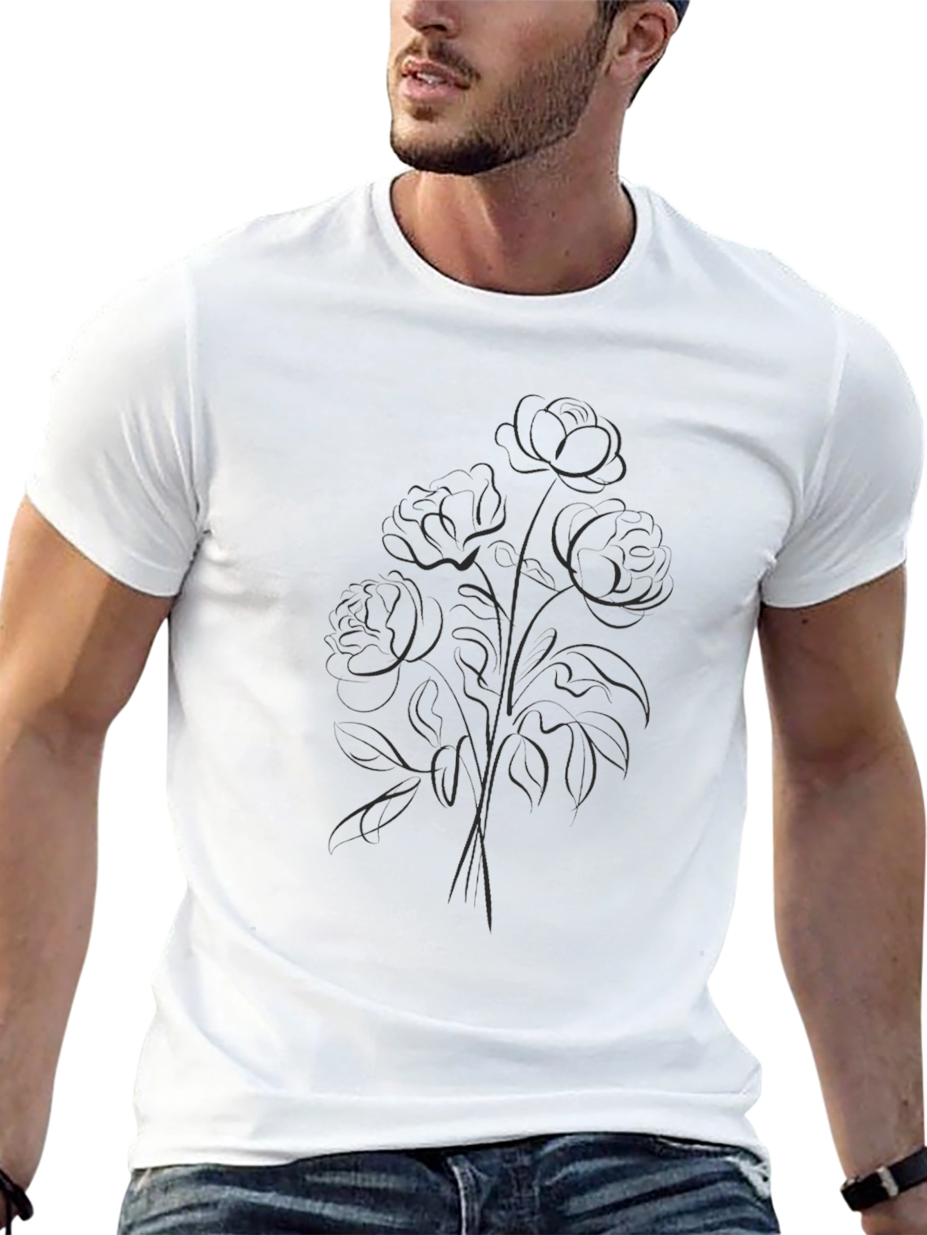 Elegant Floral Outline Black T-Shirt