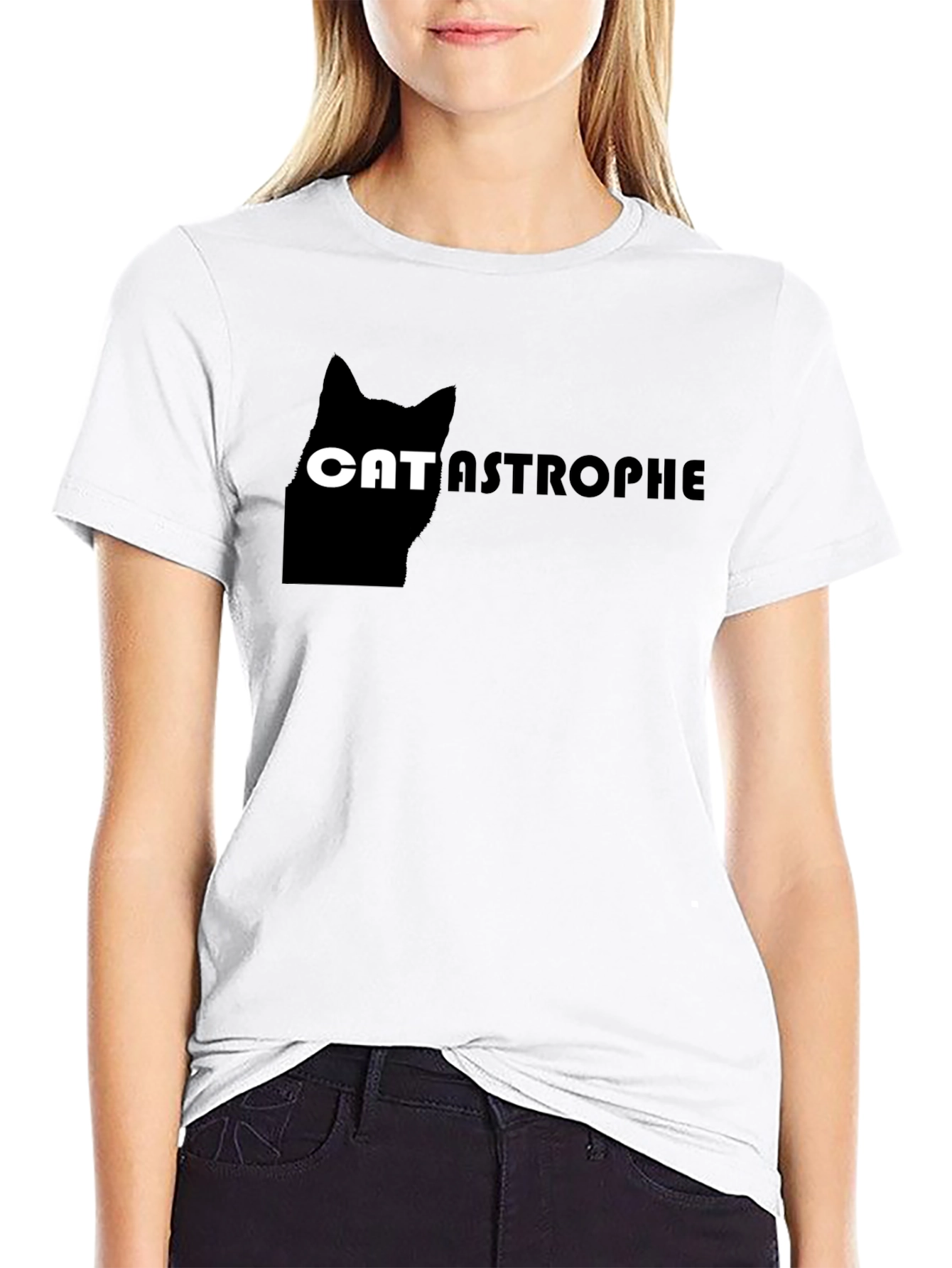 Catastrophe Funny Cat Graphic Black T-Shirt
