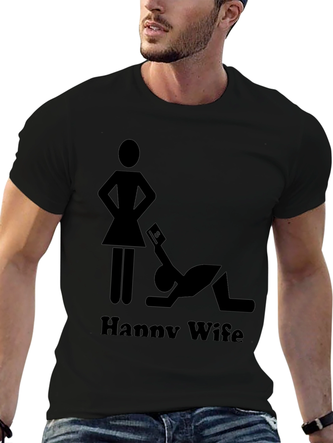 Happy Wife Happy Life Black Graphic T-Shirt
