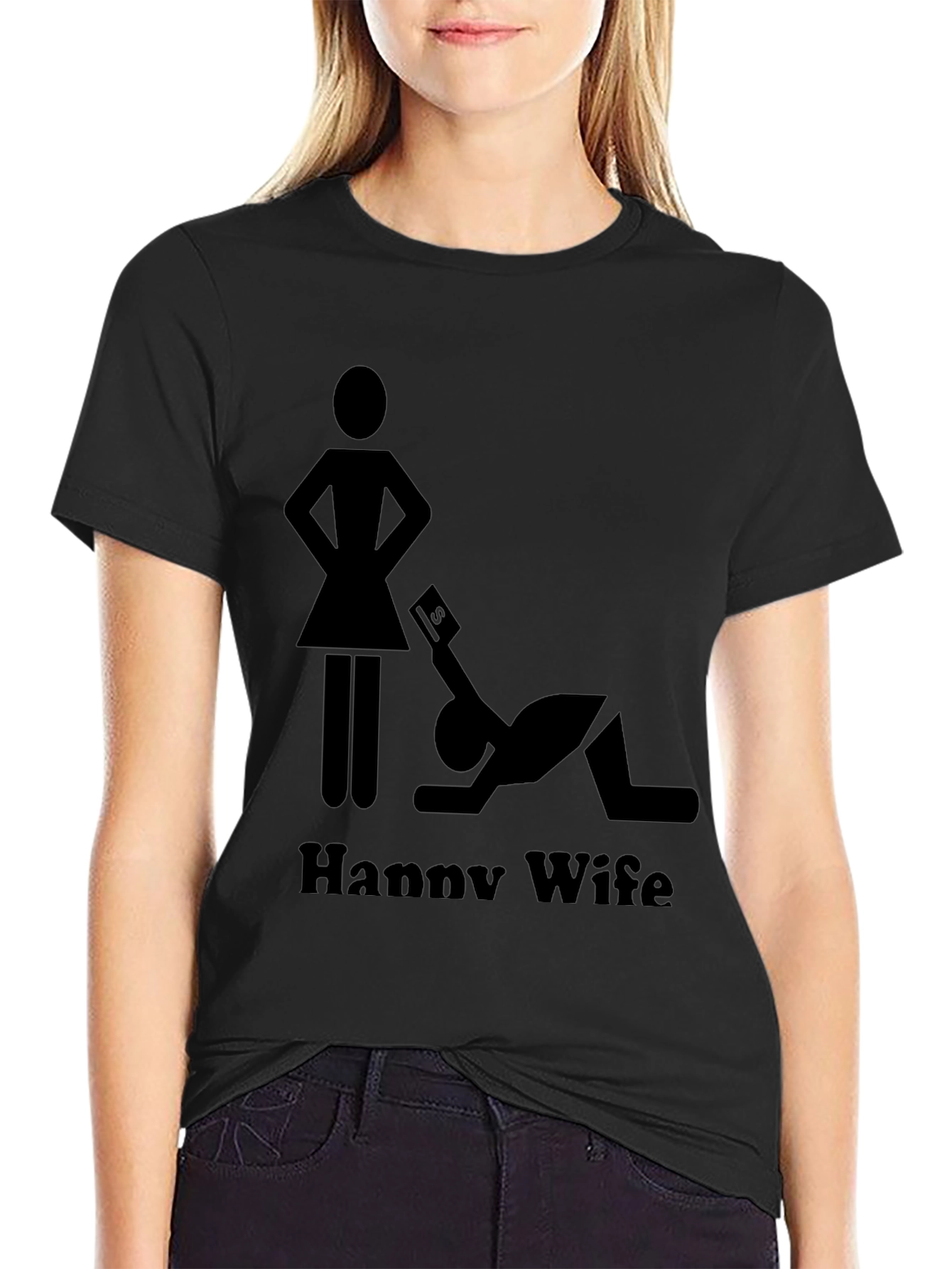 Happy Wife Happy Life Black Graphic T-Shirt