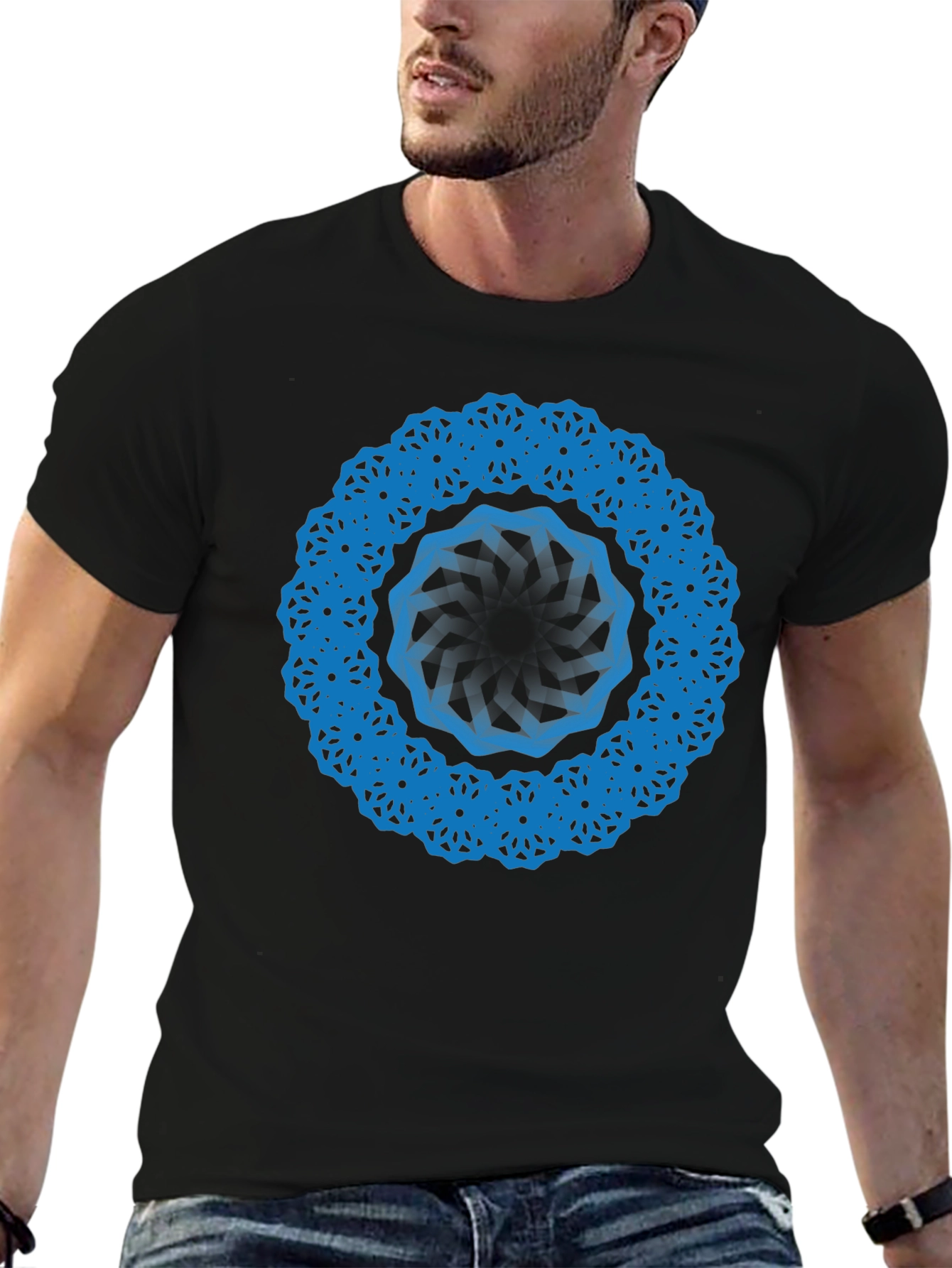 Geometric Blue Mandala Black T-Shirt