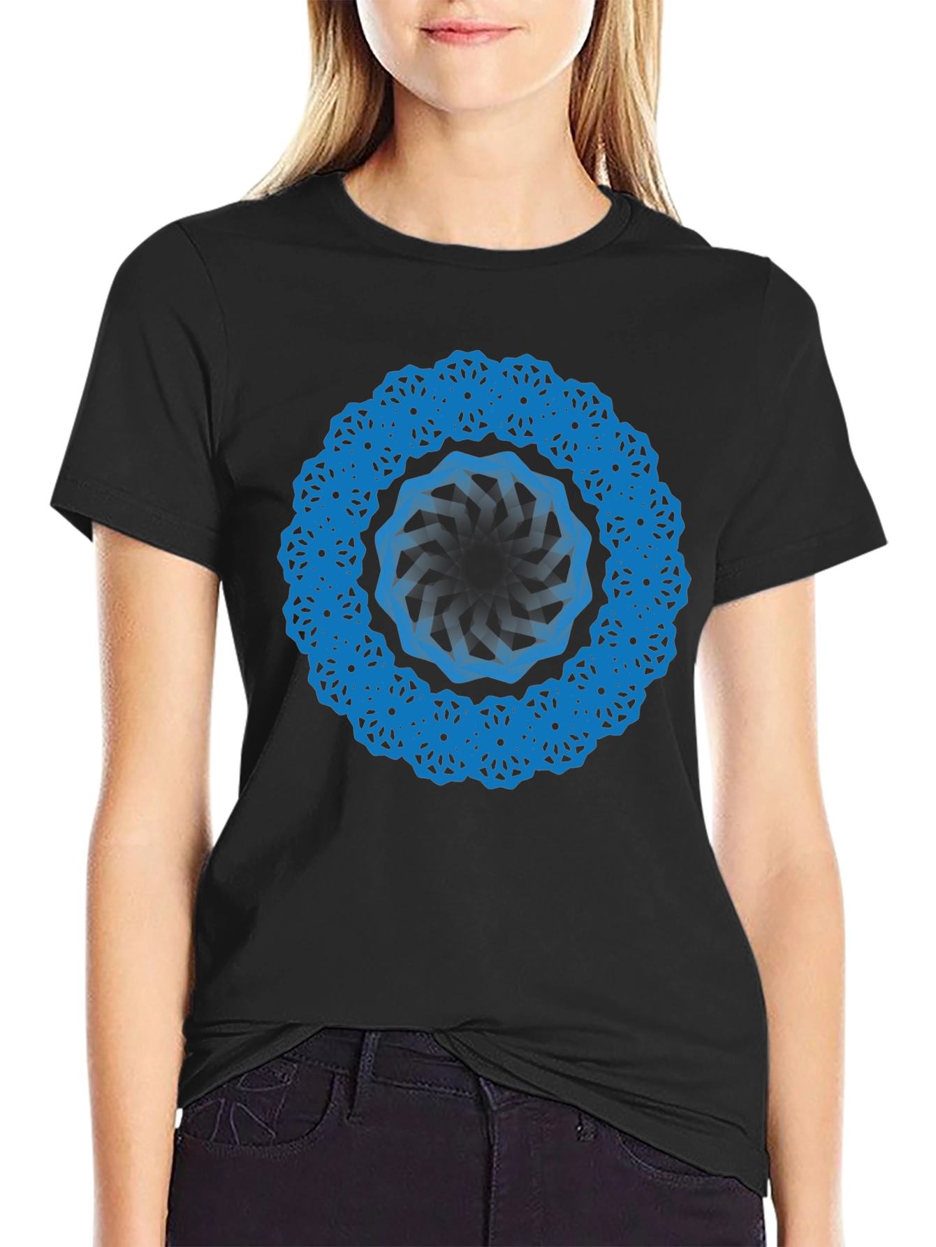 Geometric Blue Mandala Black T-Shirt