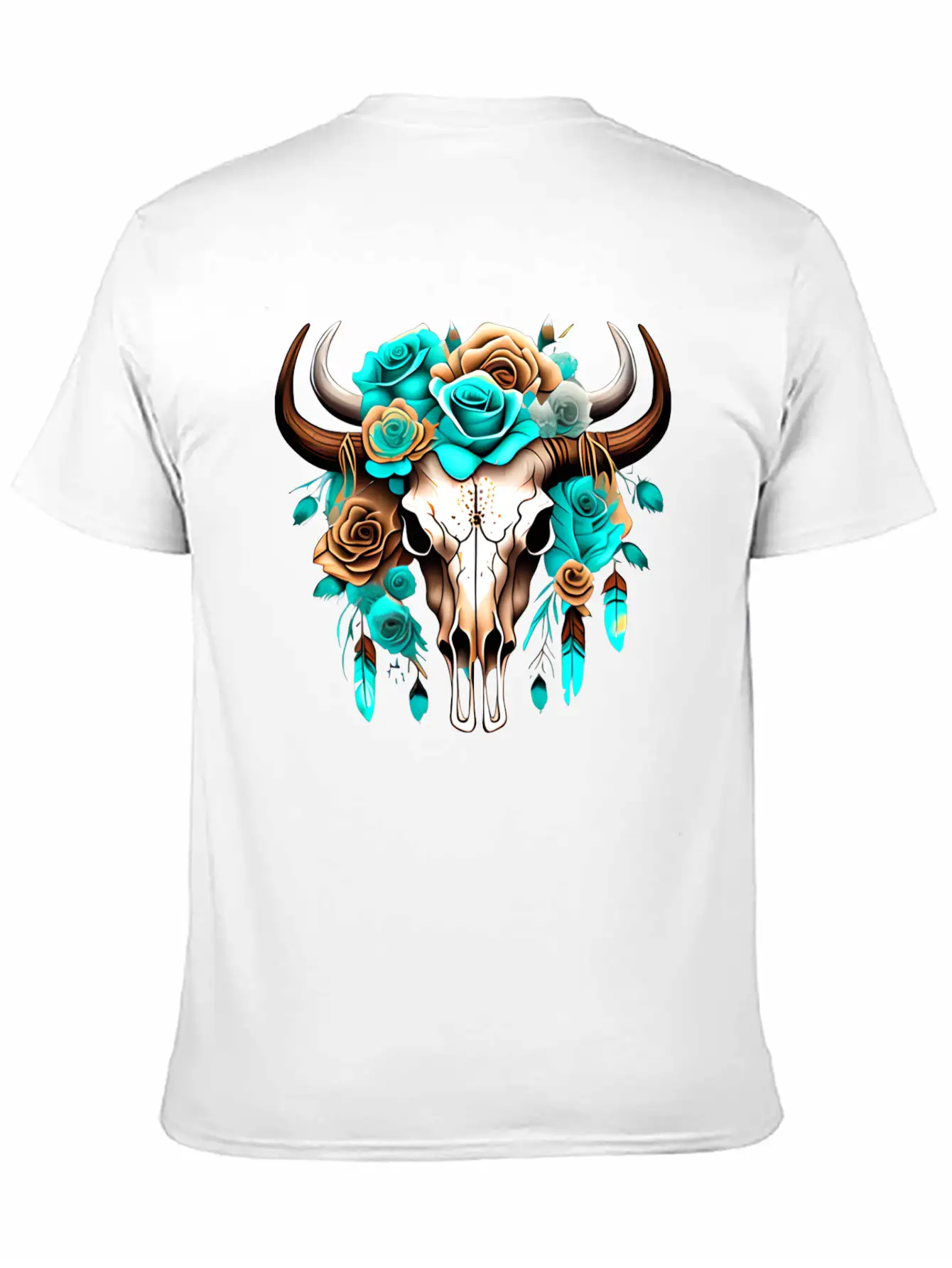 Teal Cow Skull Floral Unisex Casual T-Shirt – Clean Design For Daily Comfort