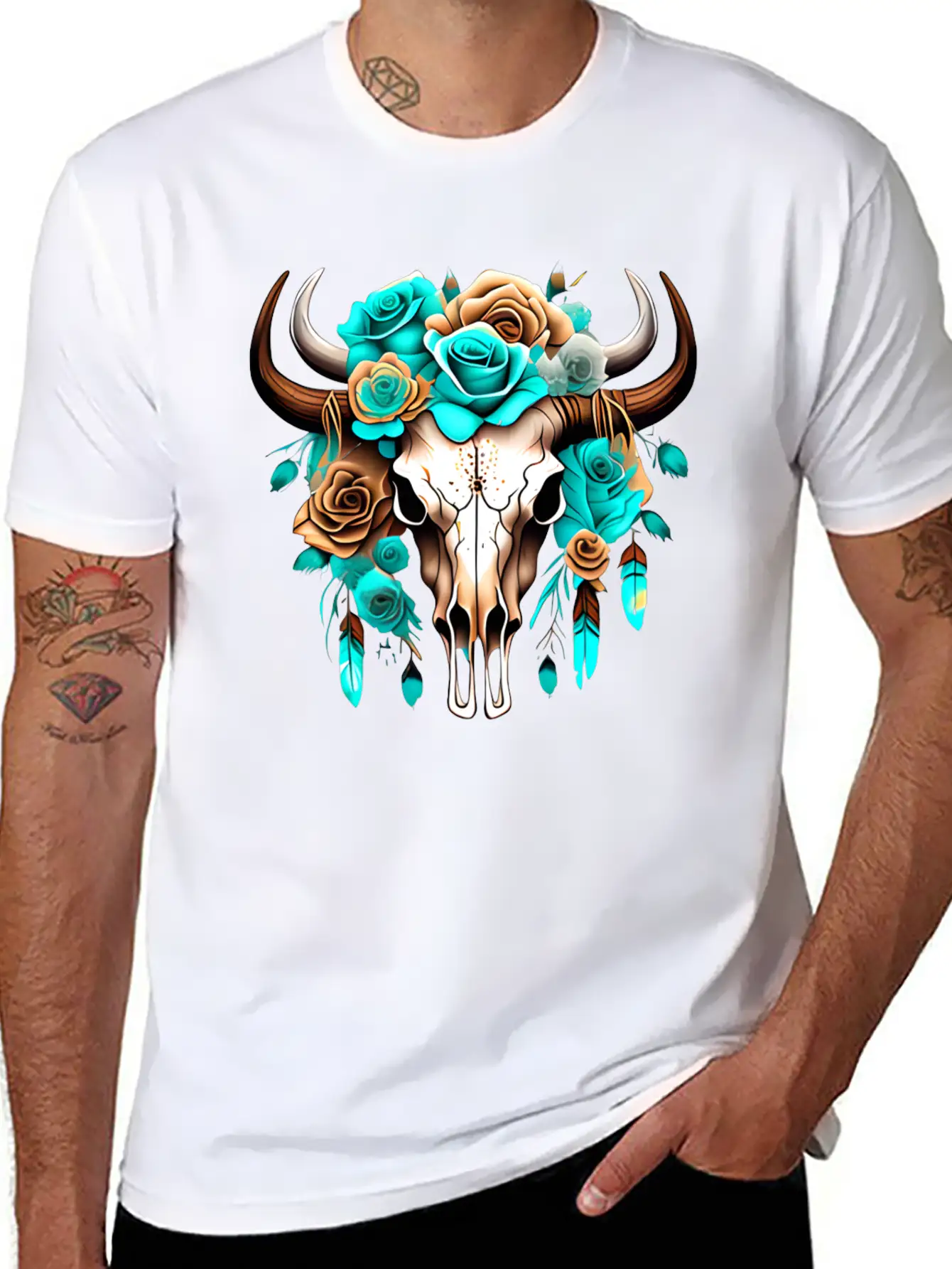 Teal Cow Skull Floral Unisex Casual T-Shirt – Clean Design For Daily Comfort