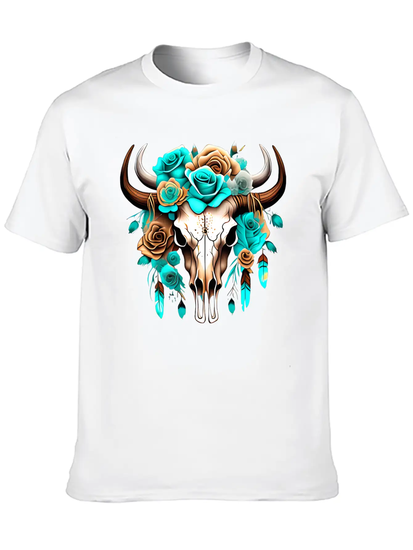 Teal Cow Skull Floral Unisex Casual T-Shirt – Clean Design For Daily Comfort
