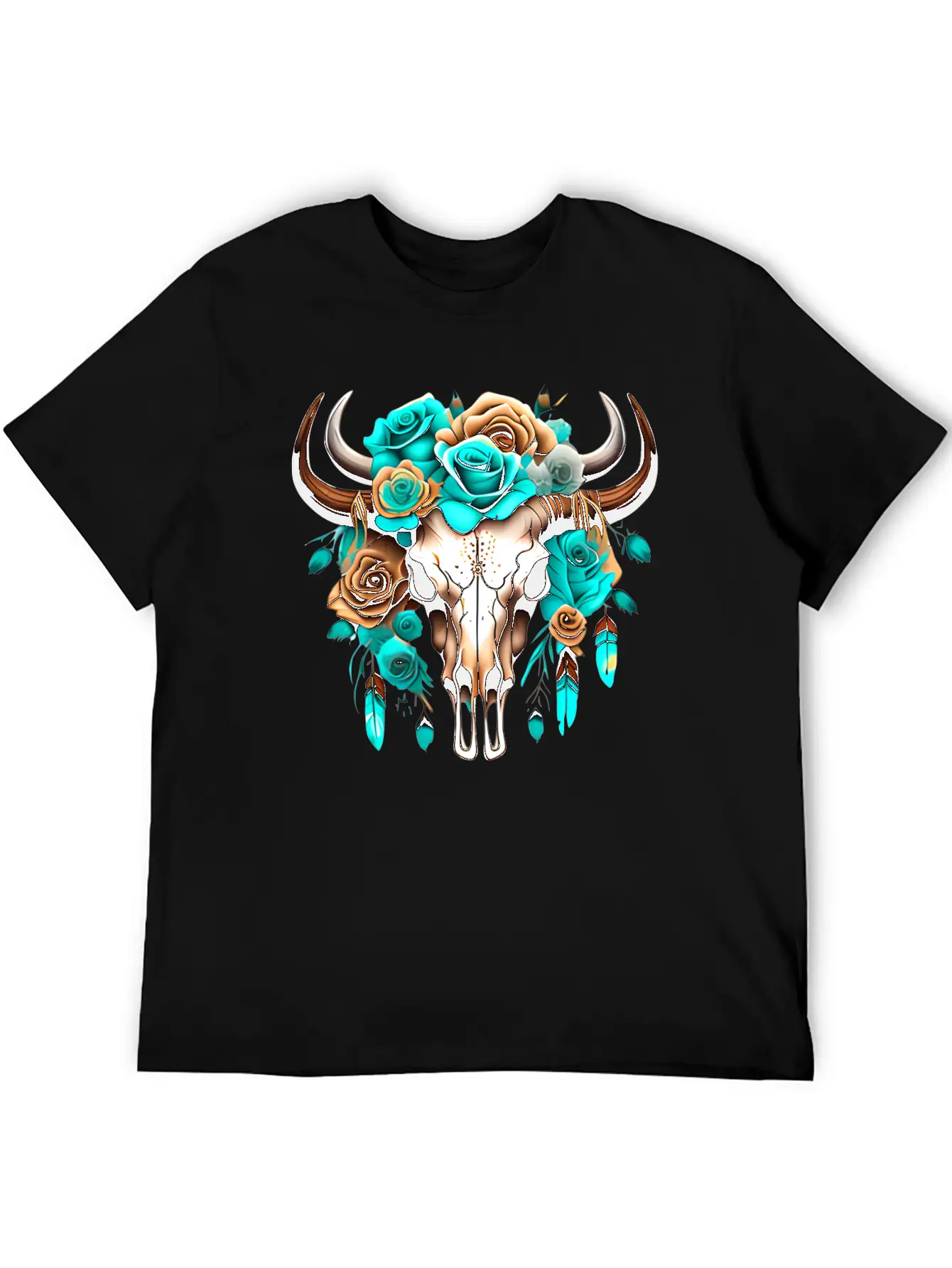 Teal Cow Skull Floral Unisex Casual T-Shirt – Clean Design For Daily Comfort