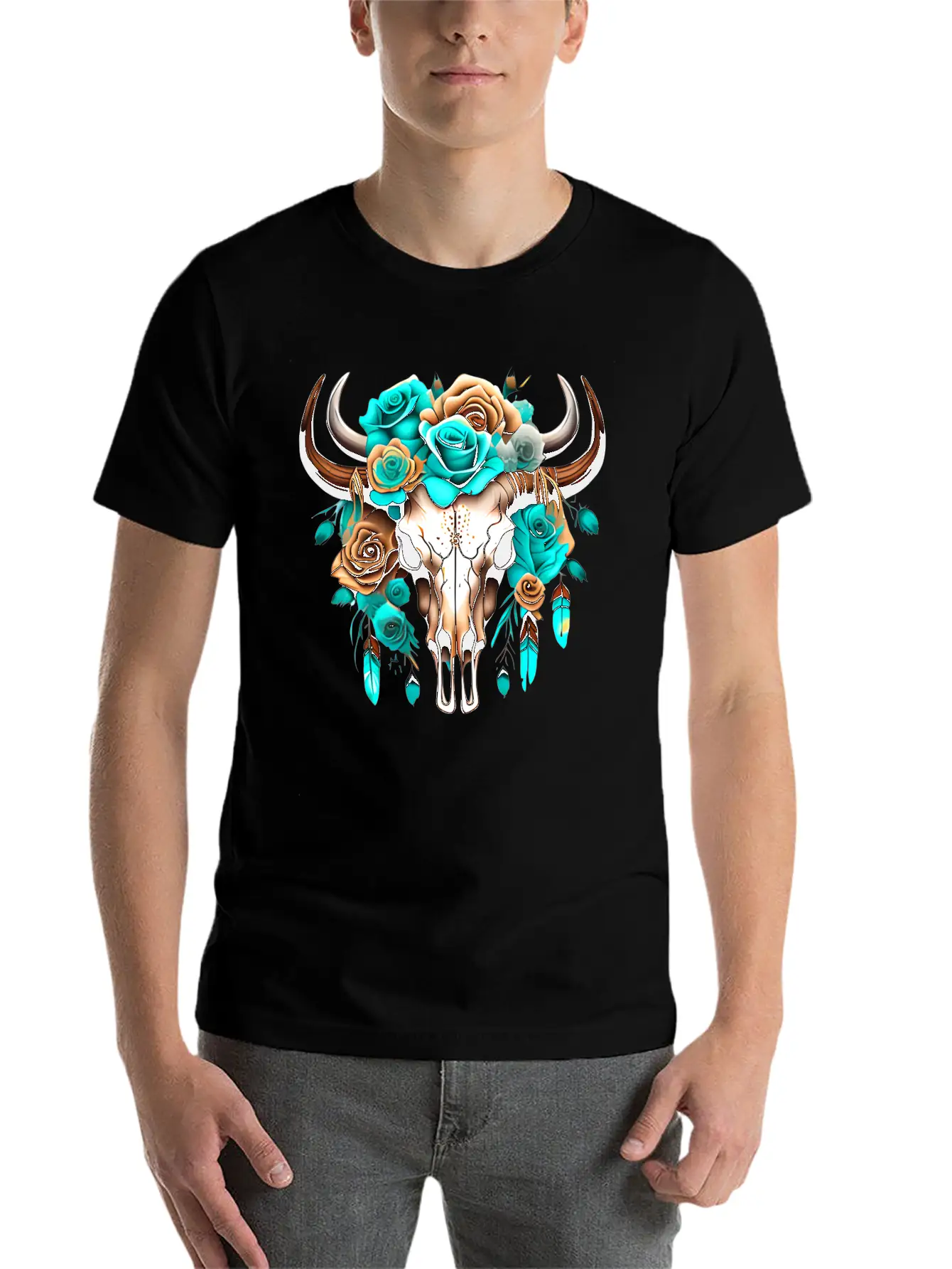 Teal Cow Skull Floral Unisex Casual T-Shirt – Clean Design For Daily Comfort