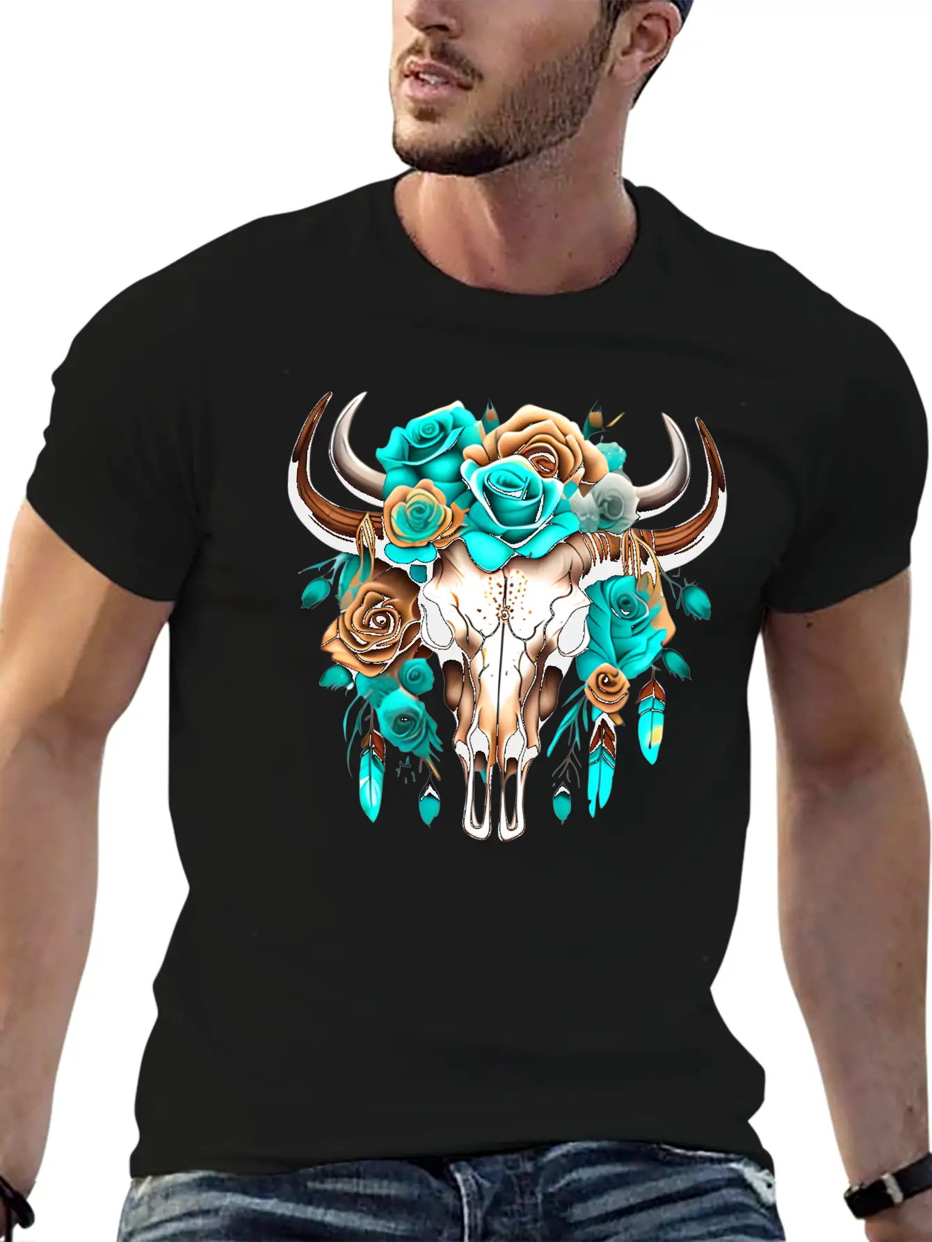 Teal Cow Skull Floral Unisex Casual T-Shirt – Clean Design For Daily Comfort