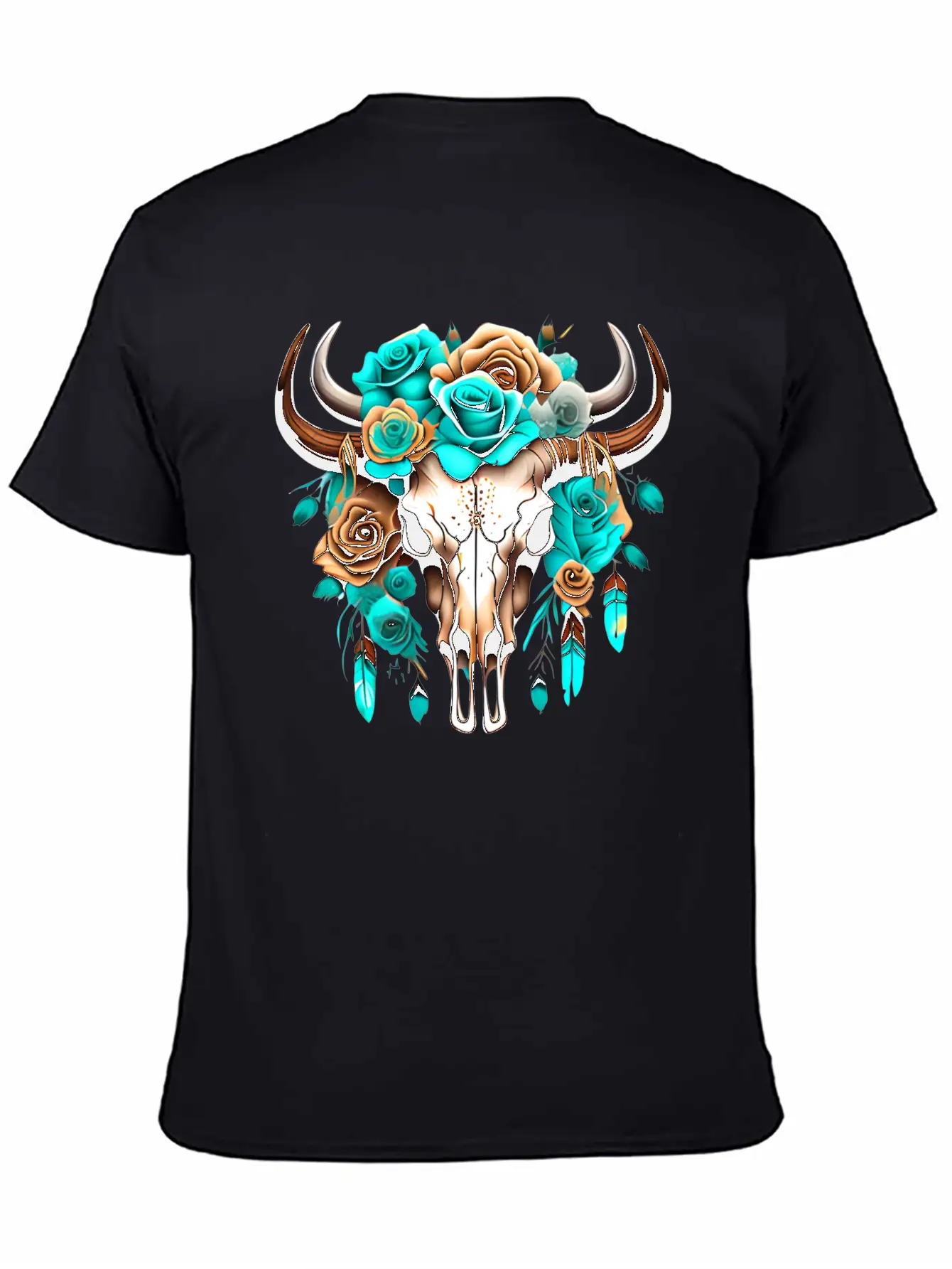 Teal Cow Skull Floral Unisex Casual T-Shirt – Clean Design For Daily Comfort