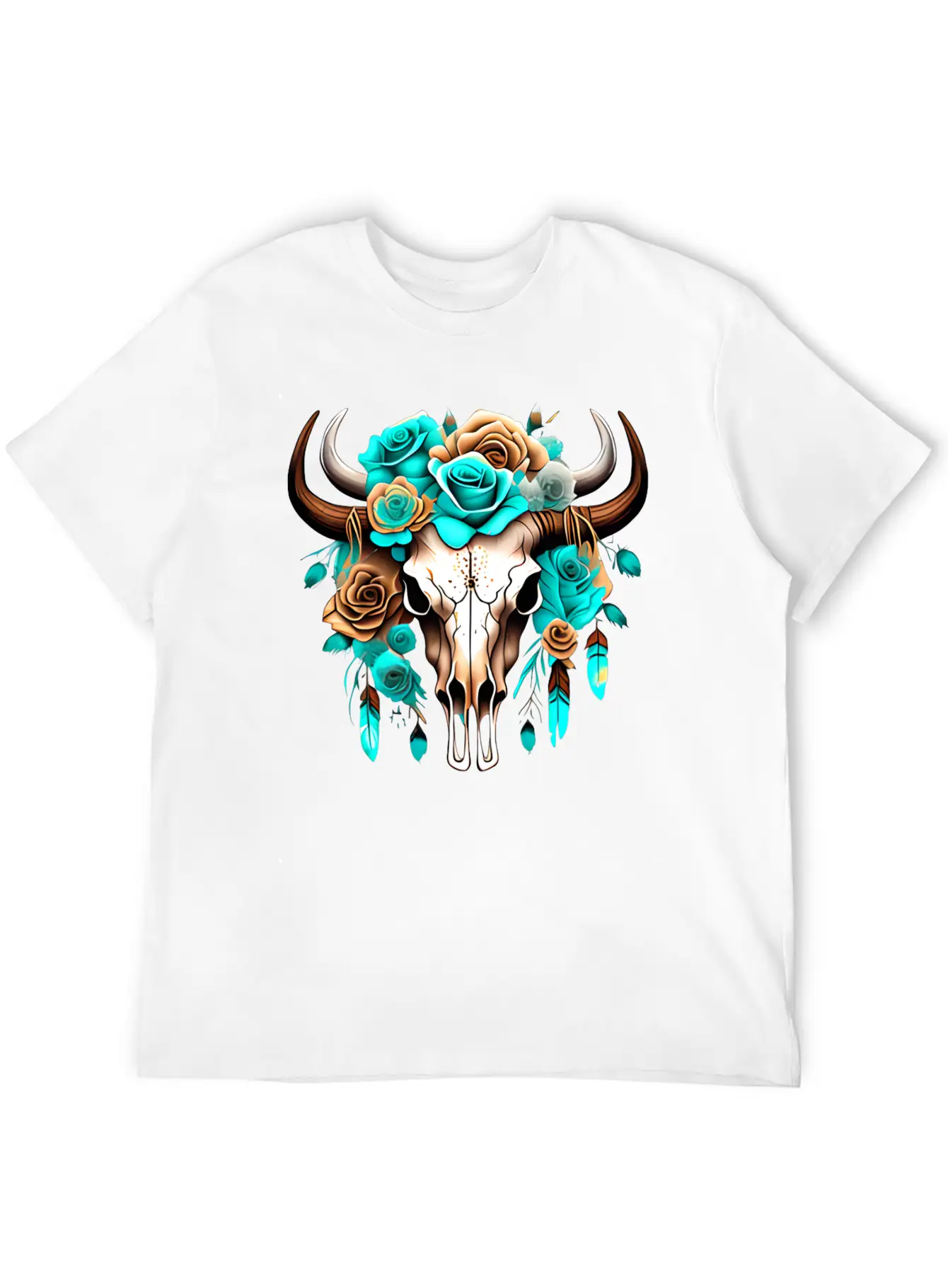 Teal Cow Skull Floral Unisex Casual T-Shirt – Clean Design For Daily Comfort