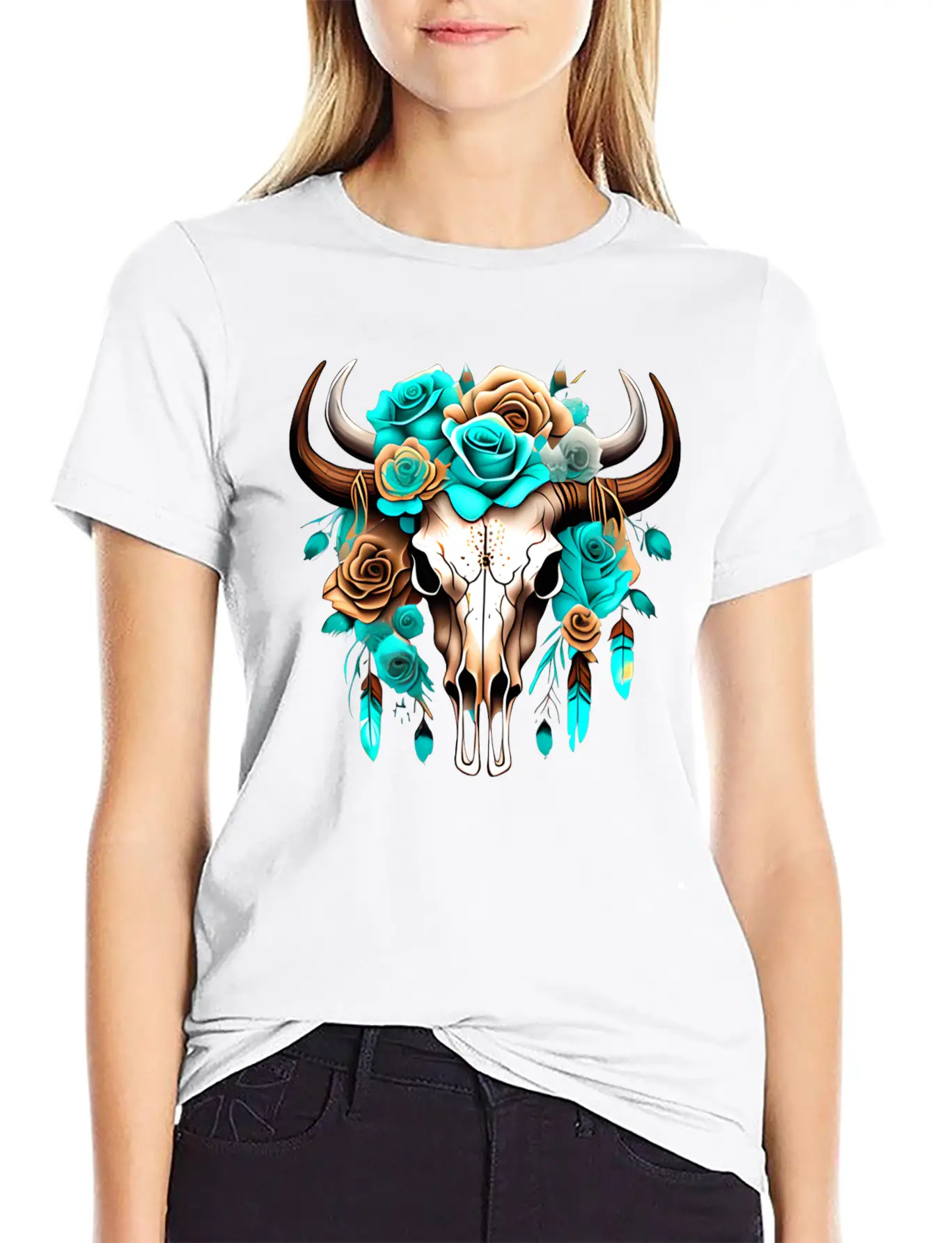 Teal Cow Skull Floral Unisex Casual T-Shirt – Clean Design For Daily Comfort