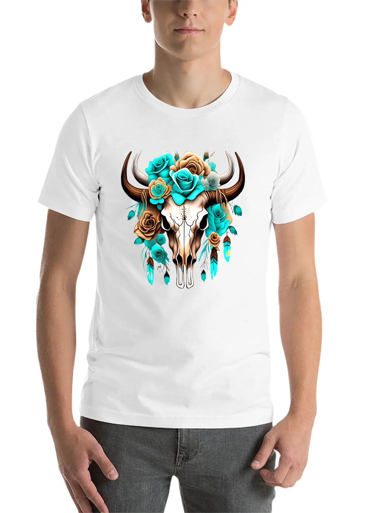Teal Cow Skull Floral Unisex Casual T-Shirt – Clean Design For Daily Comfort