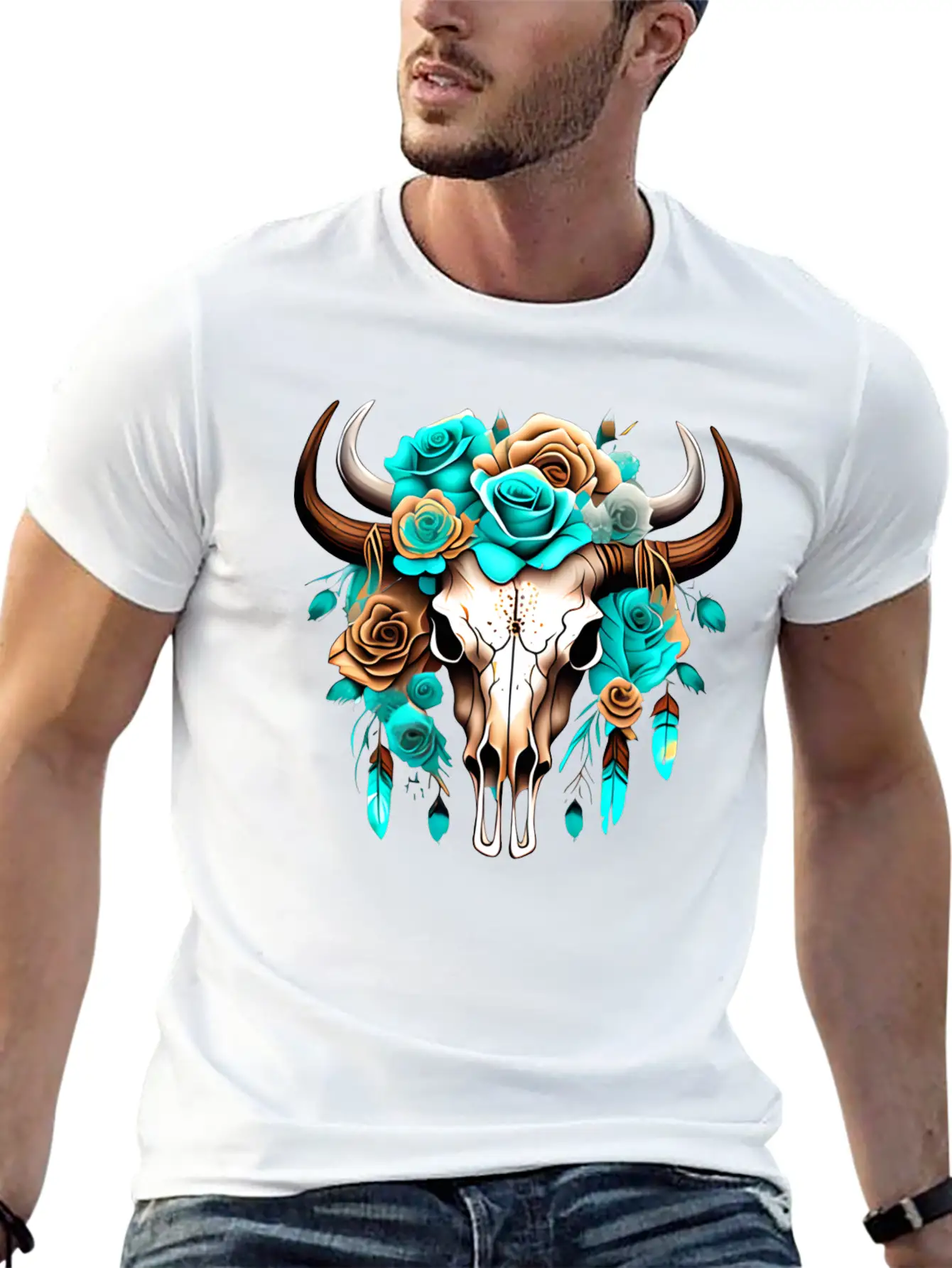 Teal Cow Skull Floral Unisex Casual T-Shirt – Clean Design For Daily Comfort