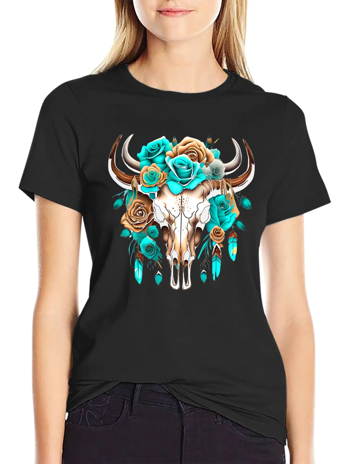 Teal Cow Skull Floral Unisex Casual T-Shirt – Clean Design For Daily Comfort