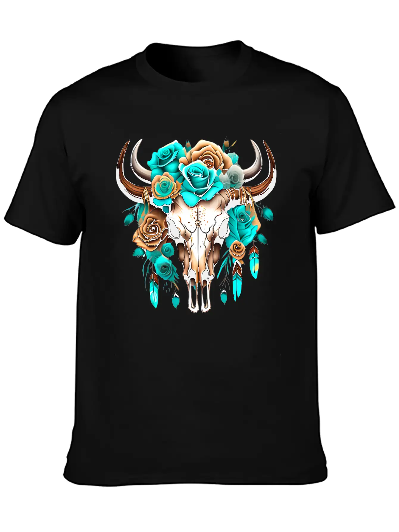 Teal Cow Skull Floral Unisex Casual T-Shirt – Clean Design For Daily Comfort