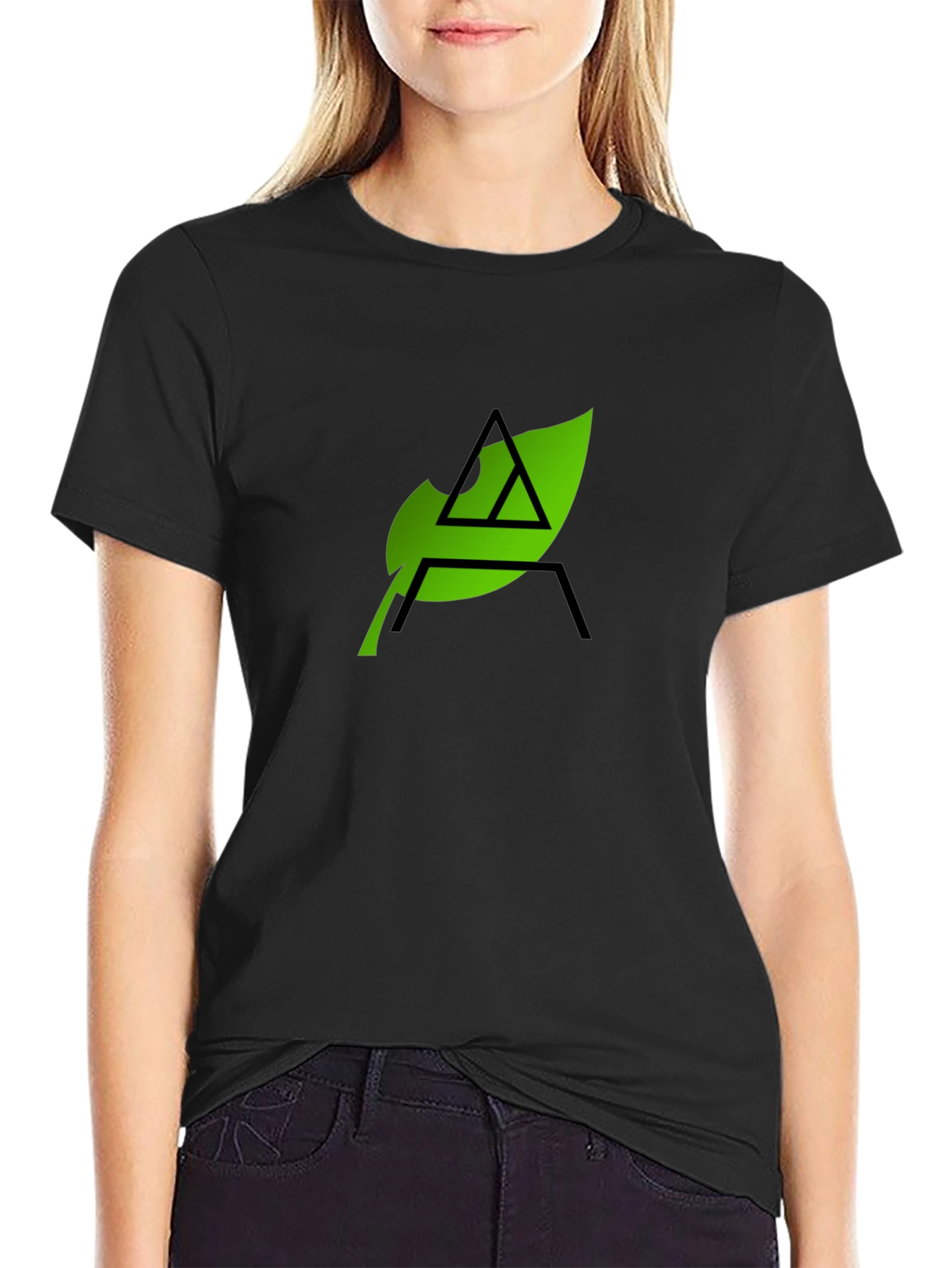 Eco-Chic Black Tee with Green Leaf Logo