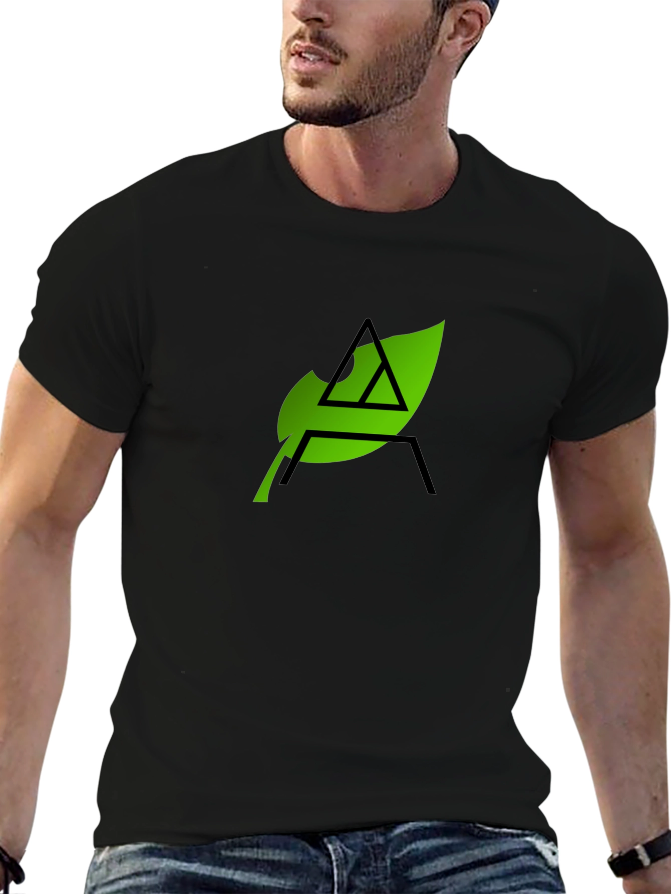 Eco-Chic Black Tee with Green Leaf Logo