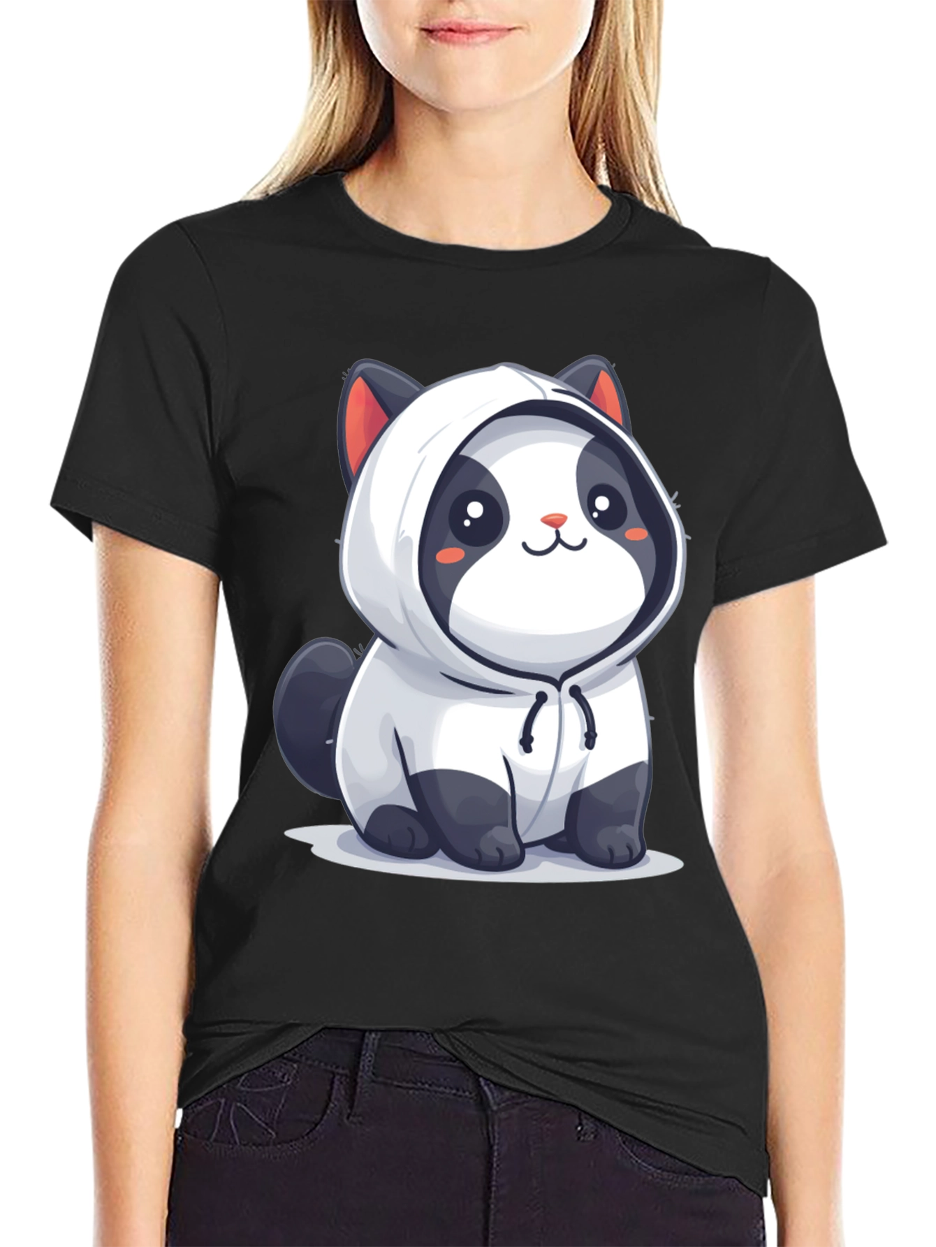 Cute Cartoon Panda Hoodie Black T-Shirt