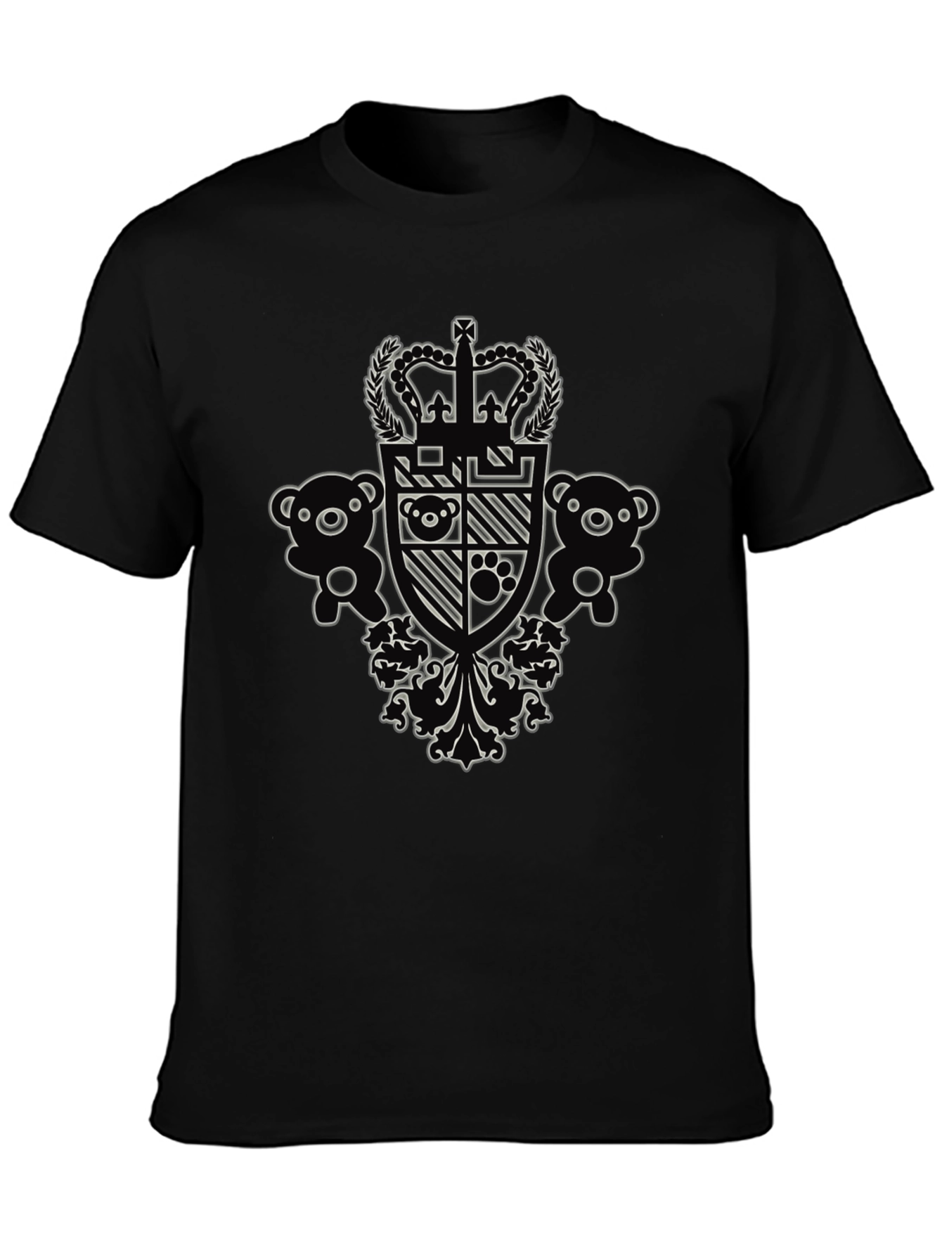 Black Graphic Tee with Crown and Teddy Bear Design