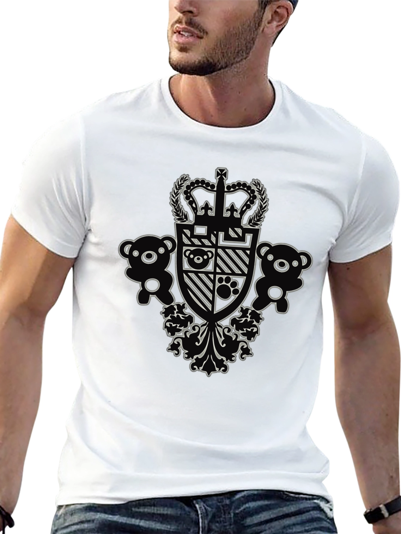 Black Graphic Tee with Crown and Teddy Bear Design